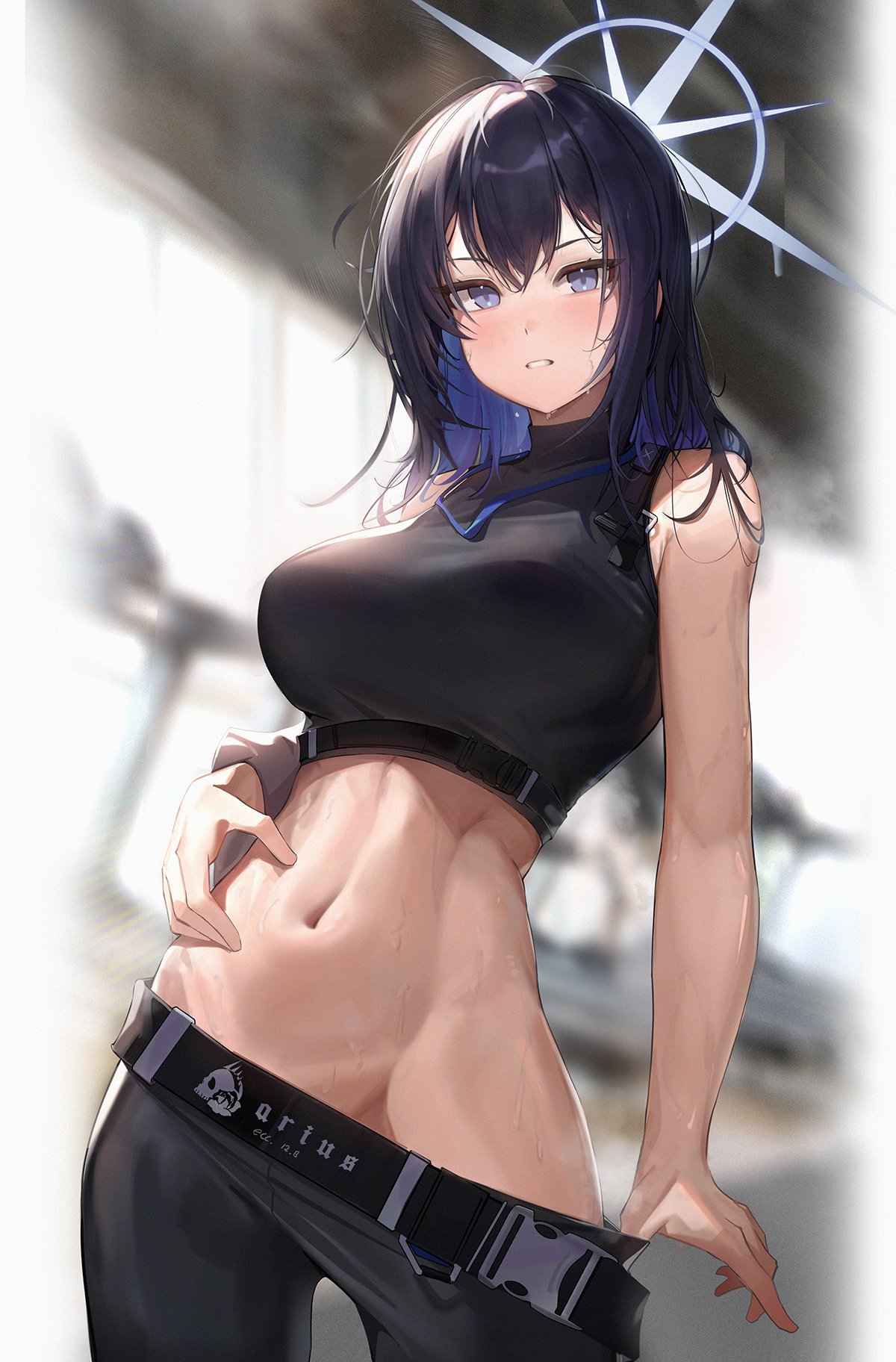 Anime 1200x1824 anime anime girls pulling clothing belly big boobs Blue Archive Saori Joumae