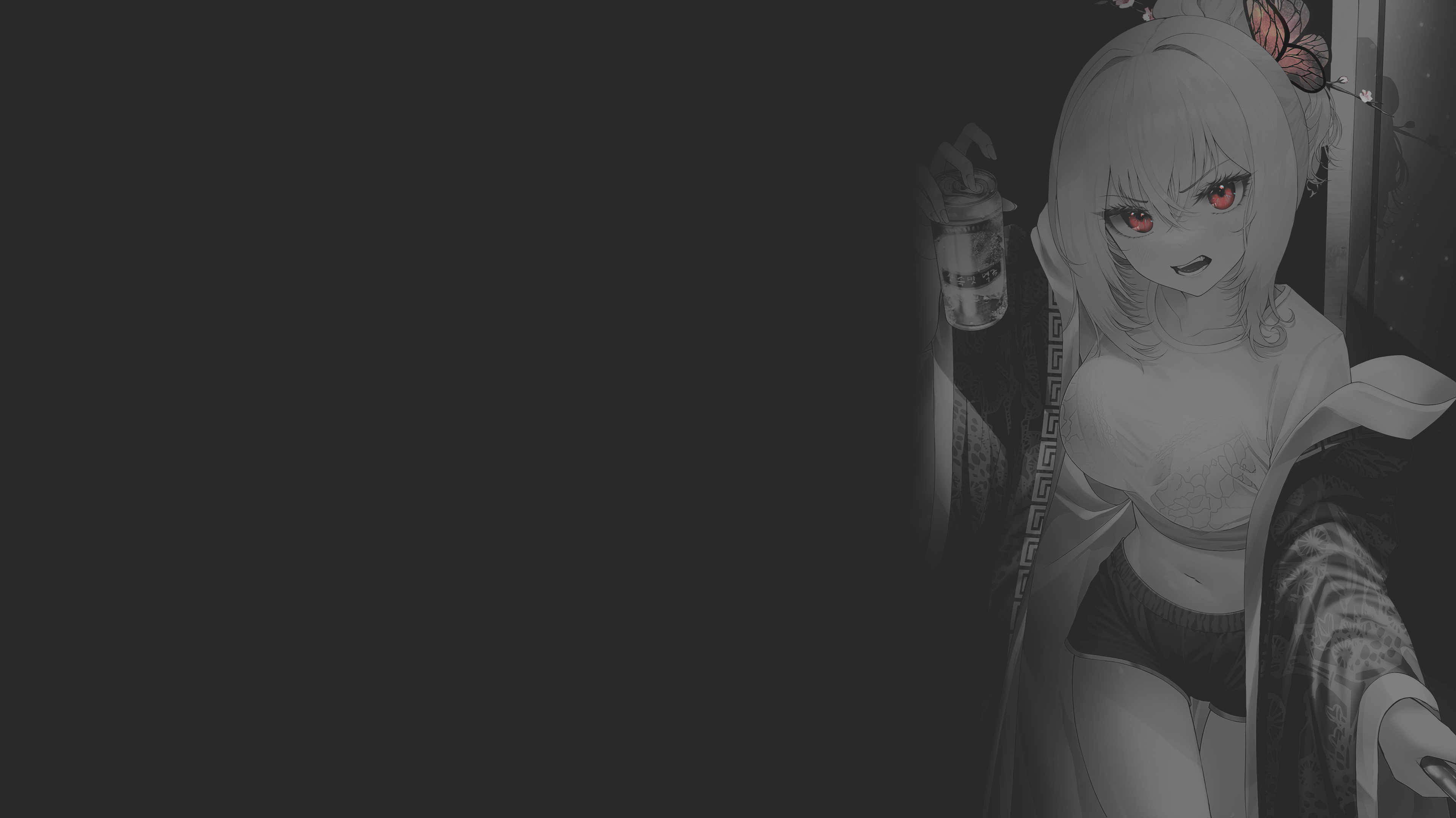 Anime 3840x2160 anime anime girls fan art illustration original characters monochrome dark background alcohol beer butterfly selective coloring Zain (artist) door red eyes short shorts
