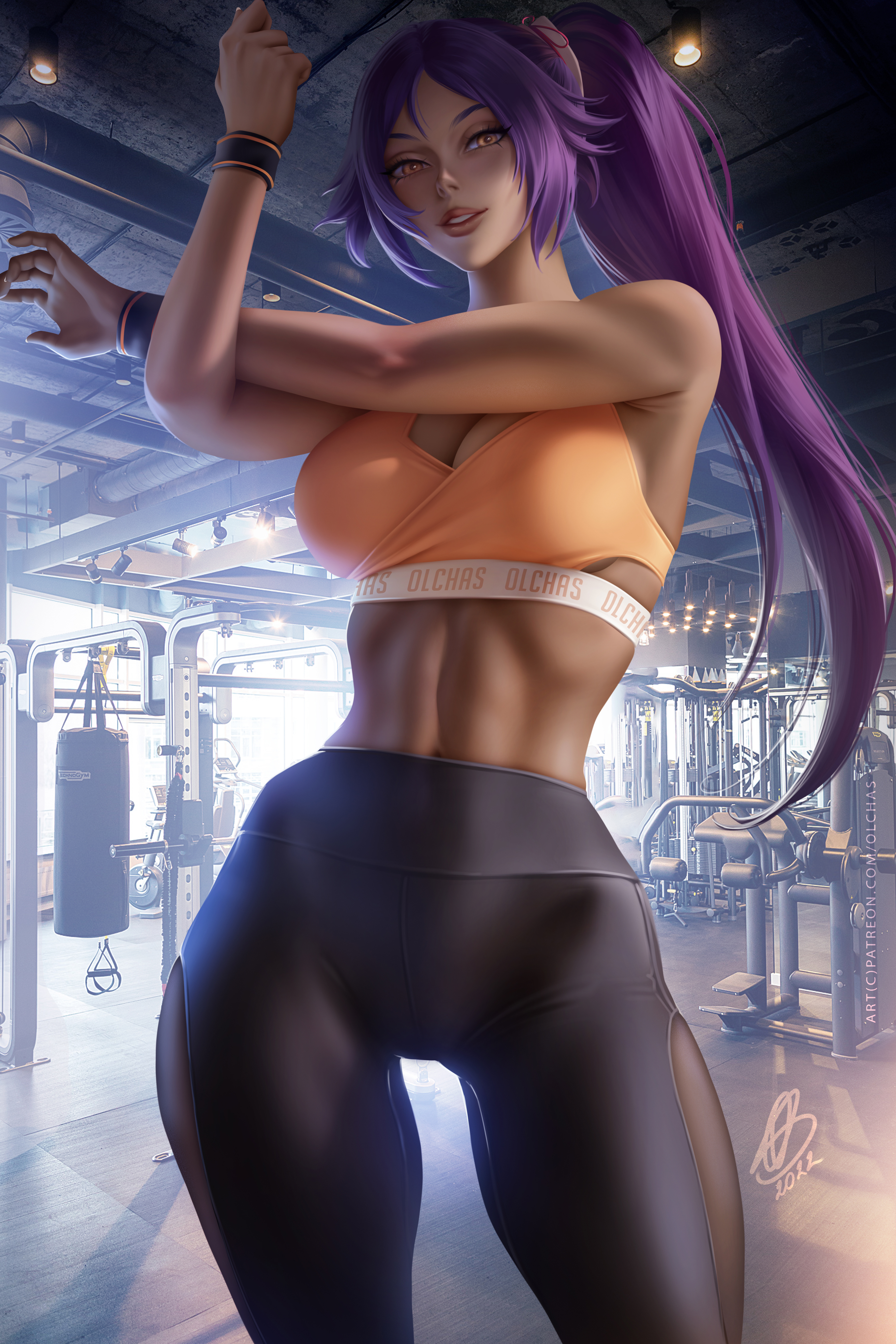 Anime 3000x4500 Shihouin Yoruichi Bleach anime anime girls gyms sportswear gym clothes sports bra leggings ponytail 2D artwork drawing fan art OlchaS