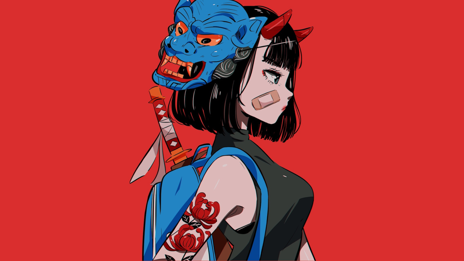 Anime 1920x1080 anime girls black hair devil horns mask sword band-aid side view tattoo