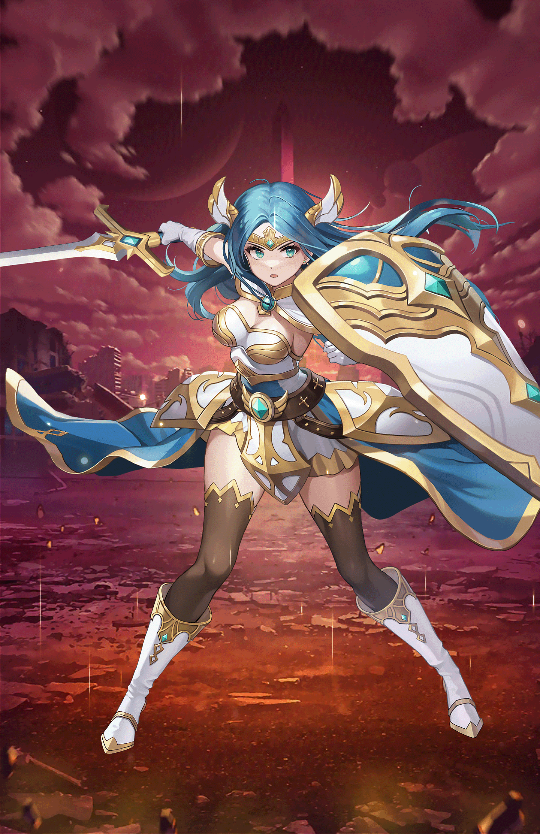 Anime 1799x2778 Guardian Tales Erina (Guardian Tales) paladin shield sword armor blue hair blue eyes
