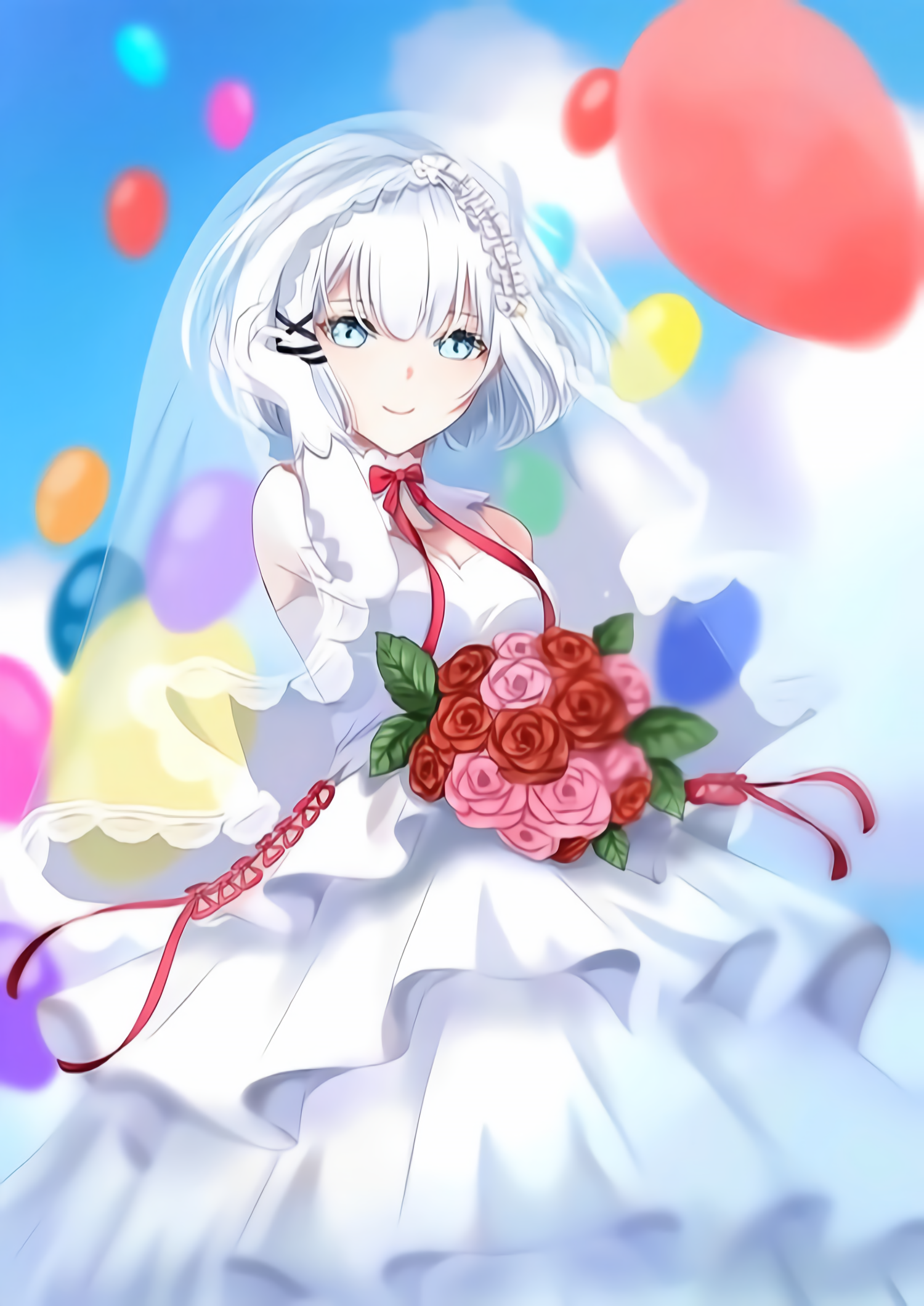 Anime 1500x2120 white hair Siesta short hair blue eyes Tantei Wa Mou Shindeiru wedding dress balloon holding flowers looking at viewer anime anime girls dress flowers