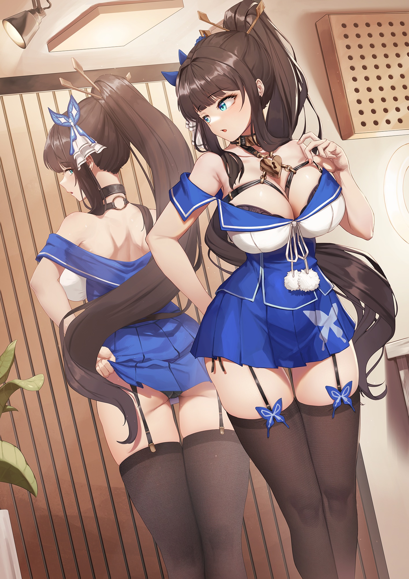 Anime 1415x2000 anime girls Daydream brunette long hair mirror green eyes cleavage big boobs stockings garter belt