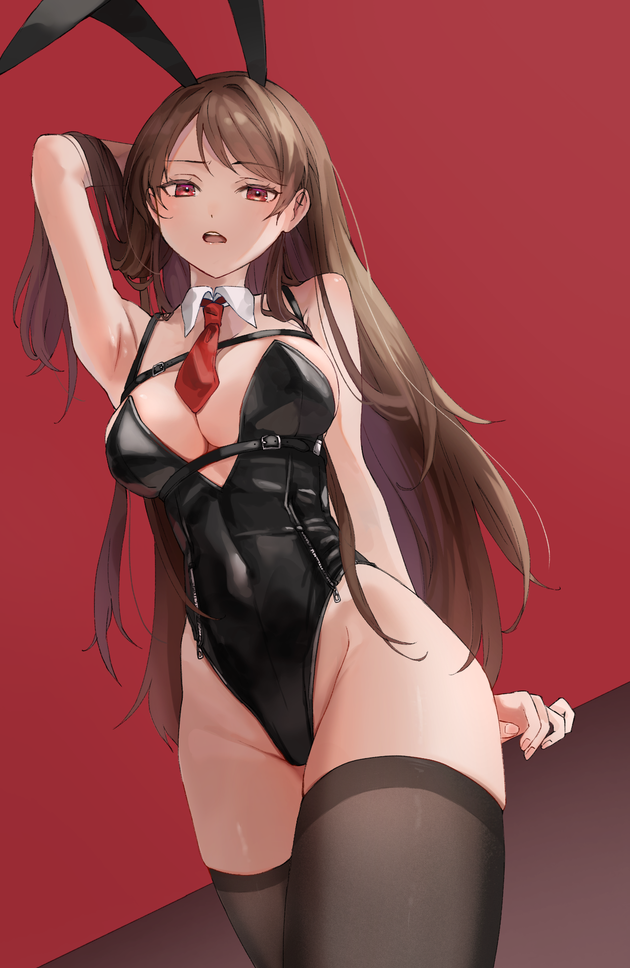 Anime 1245x1914 anime girls bunny ears anime red tie brunette red eyes thighs long hair armpits stockings black stockings one arm up blushing open mouth bunny suit bunny girl black suit body harness straps