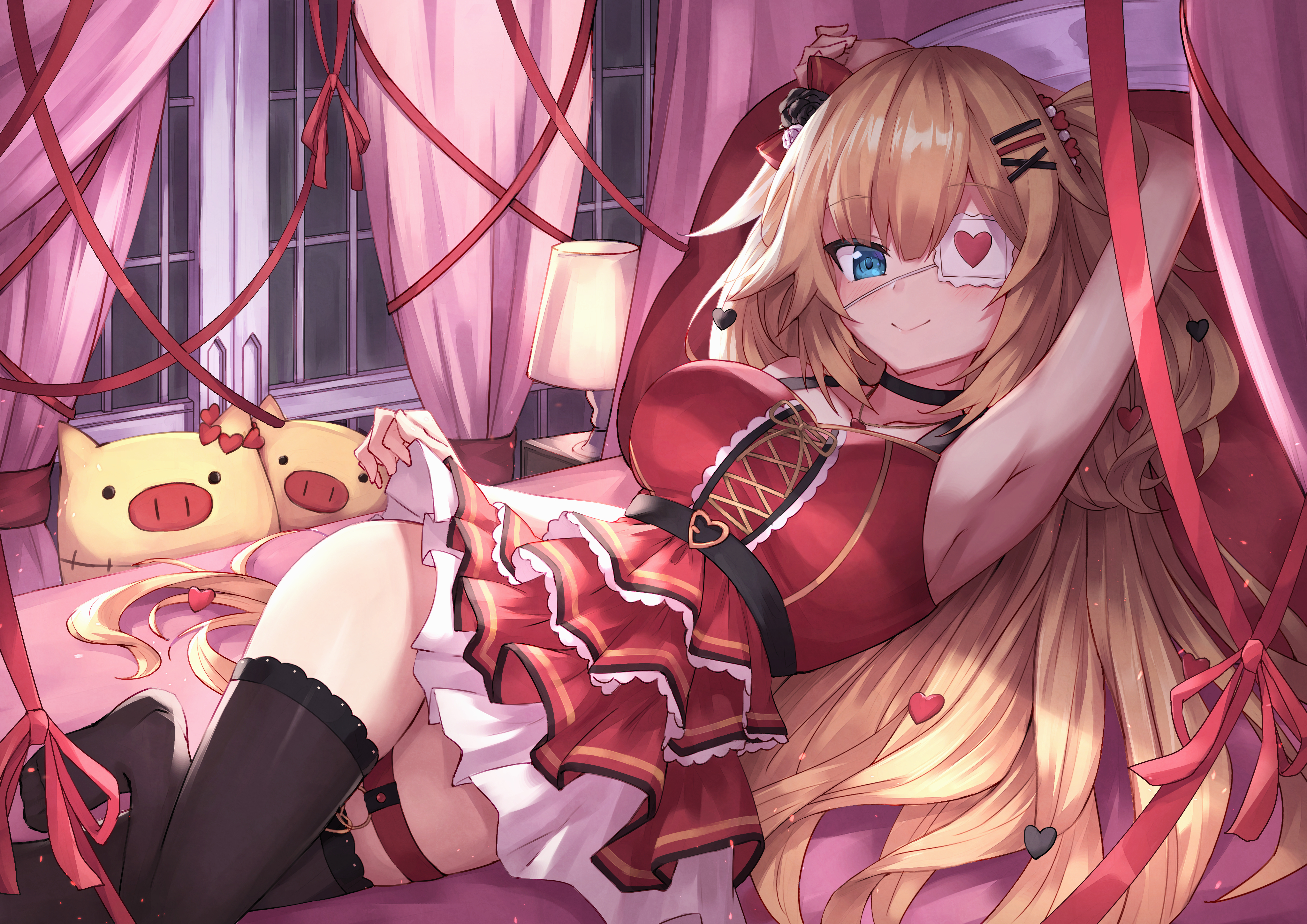 Anime 4093x2894 anime girls Hololive Akai Haato blue eyes Virtual Youtuber armpits dress thigh-highs blonde smiling eyepatches in bed Masaki big boobs