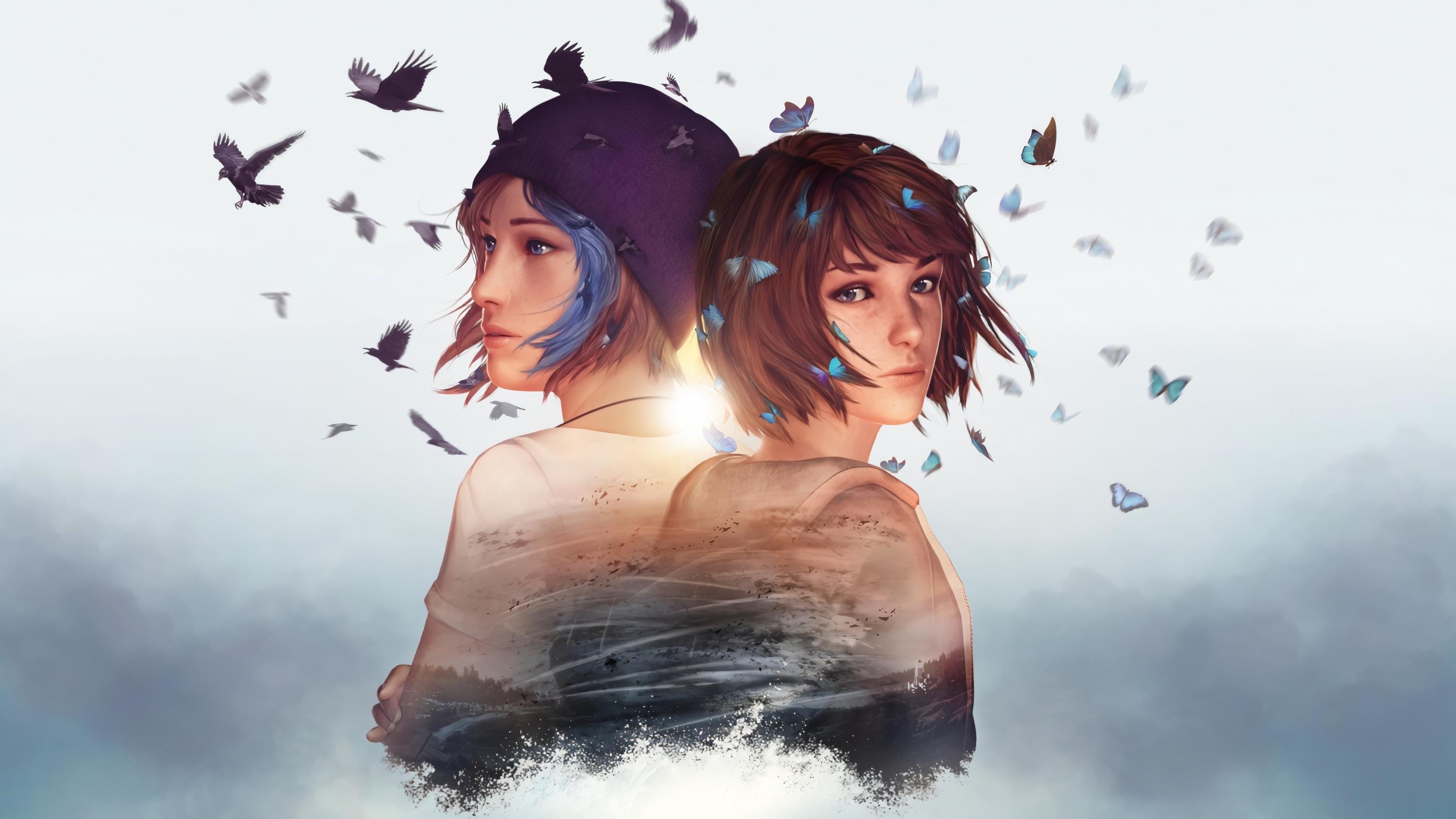 General 3000x1688 Life Is Strange Chloe Price Max Caulfield blue hair digital art video games simple background birds butterfly minimalism women looking at viewer insect short hair hat video game characters