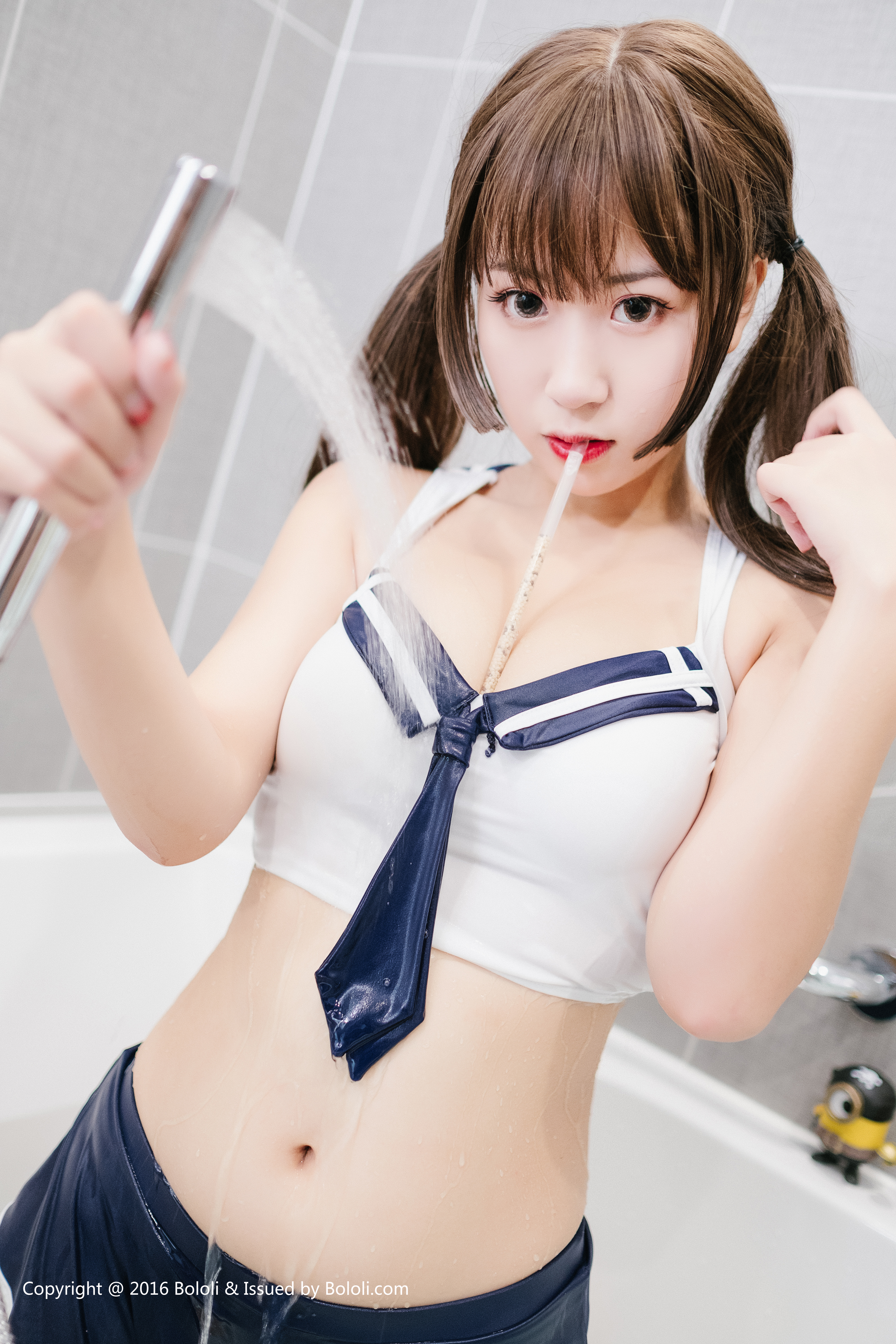 People 4000x6000 women Asian Chinese model Bololi cleavage wet cosplay in bathroom in bathtub Chinese belly belly button bright pale red lipstick twintails looking at viewer wet body school uniform bathtub sakura_maomao9