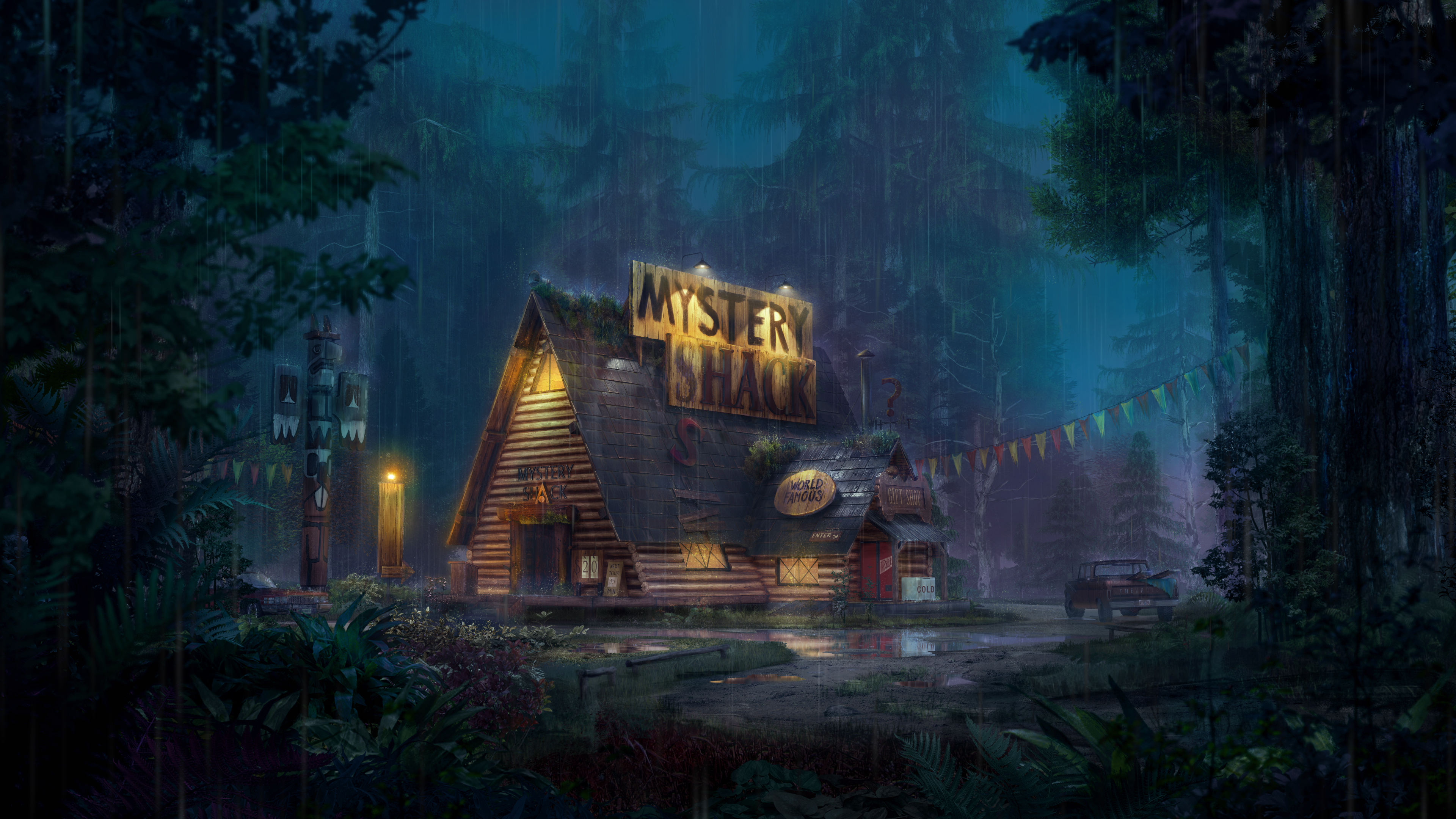 General 3840x2160 landscape digital art artwork forest stores rain light effects Gravity Falls cartoon