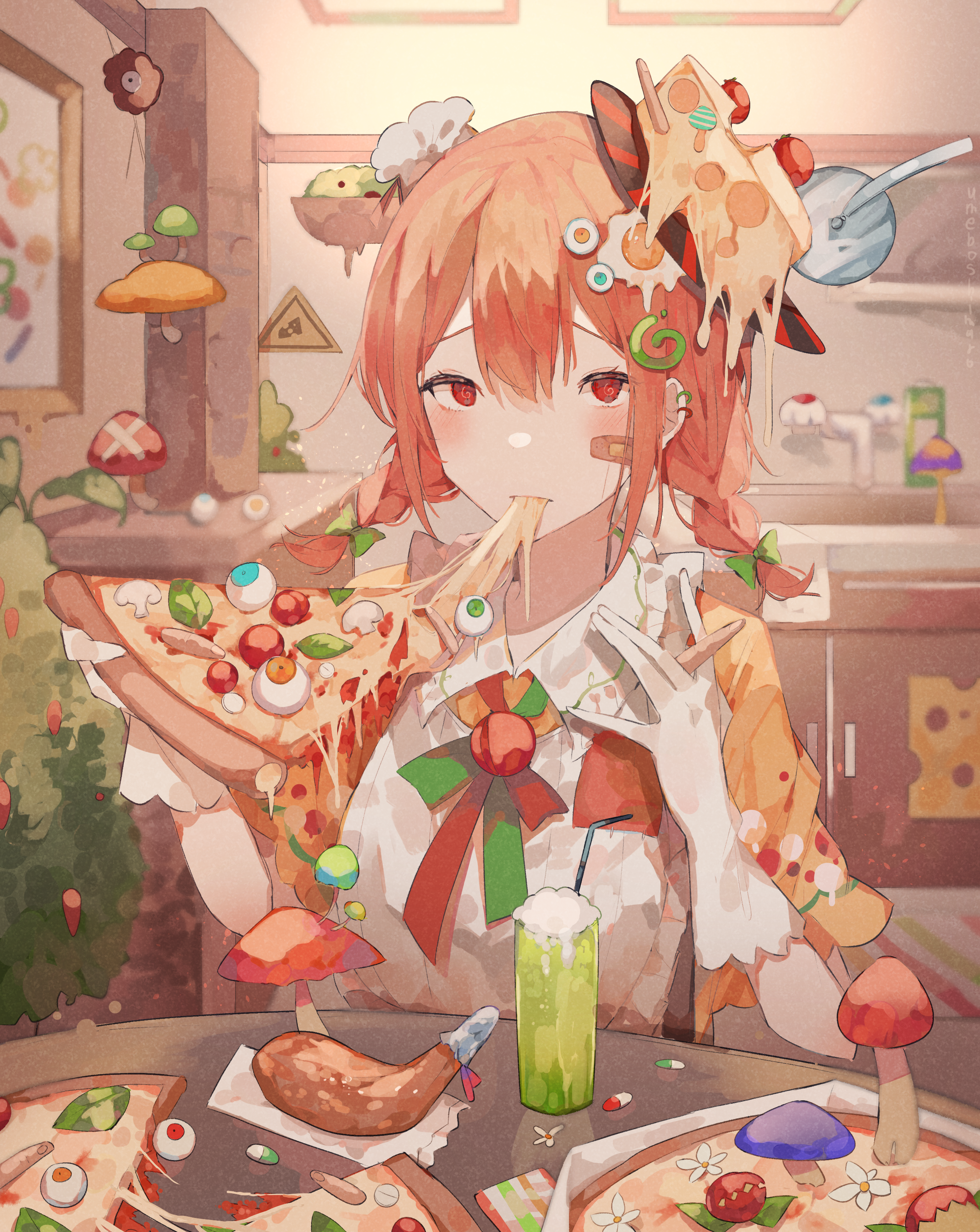 Anime 2508x3152 Umemaro anime anime girls food anime girls eating pizza