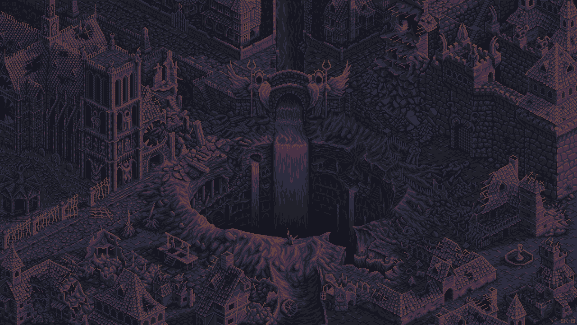 General 1920x1080 digital art pixel art pixelated pixels fantasy city waterfall house castle building cathedral