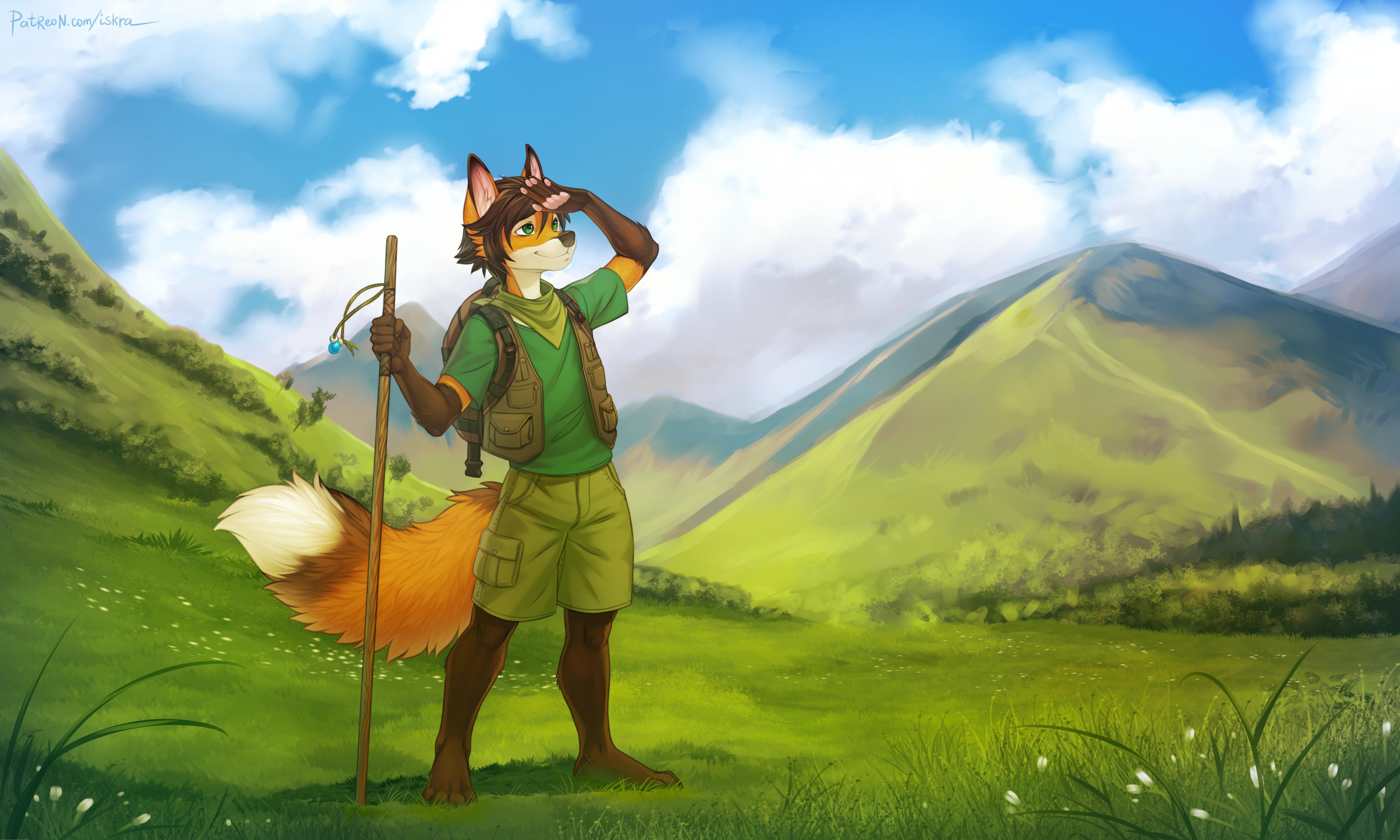 General 5000x3000 furry Anthro fox ears mountains grass clouds tail
