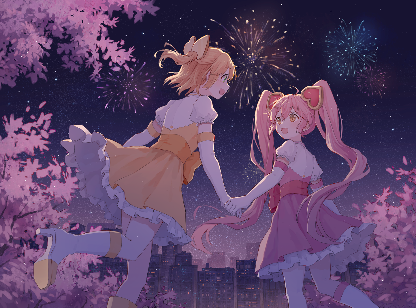 Anime 1443x1071 anime anime girls digital art artwork 2D portrait display dress blonde pink hair twintails night fireworks
