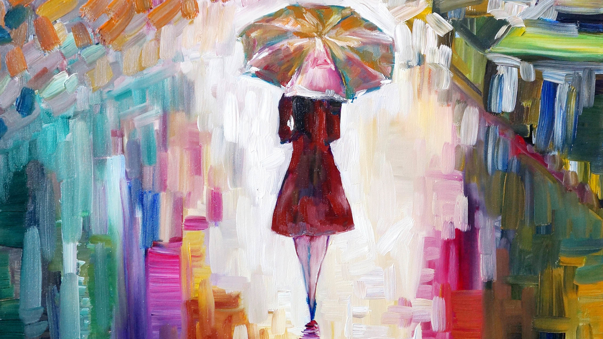 People 1920x1080 painting umbrella women digital art