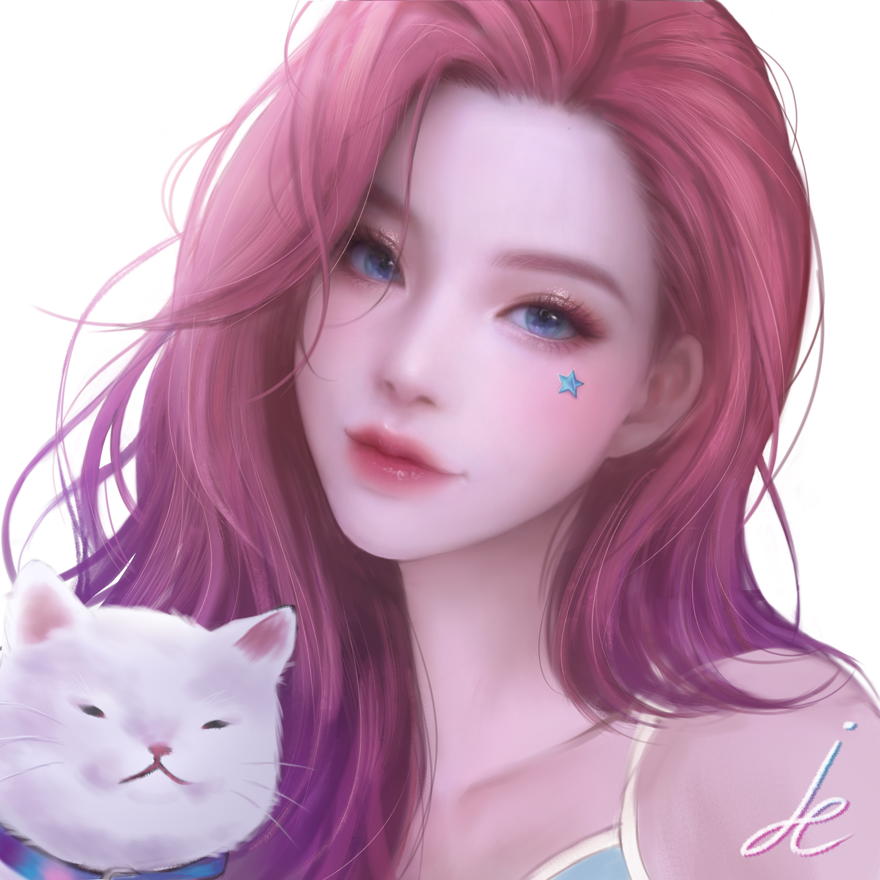 General 3000x3000 Seraphine (League of Legends) League of Legends simple background white background redhead blue eyes cats anime girls face