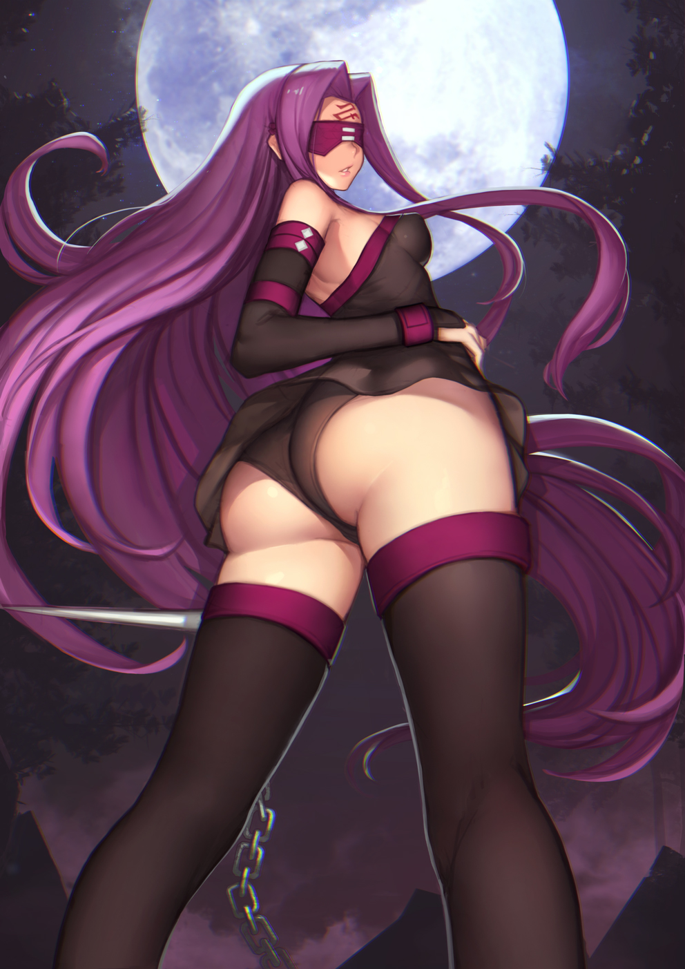 Anime 992x1403 Fate series Fate/Grand Order Fate/Stay Night fate/stay night: heaven's feel thighs underbutt sideboob black boots long sleeves dagger thigh high boots long hair purple hair anime girls Rider (Fate/Stay Night) bare shoulders no bra moonlight night black legwear night sky portrait display blindfold black panties Evan Fang low-angle fan art 2D anime ecchi looking below