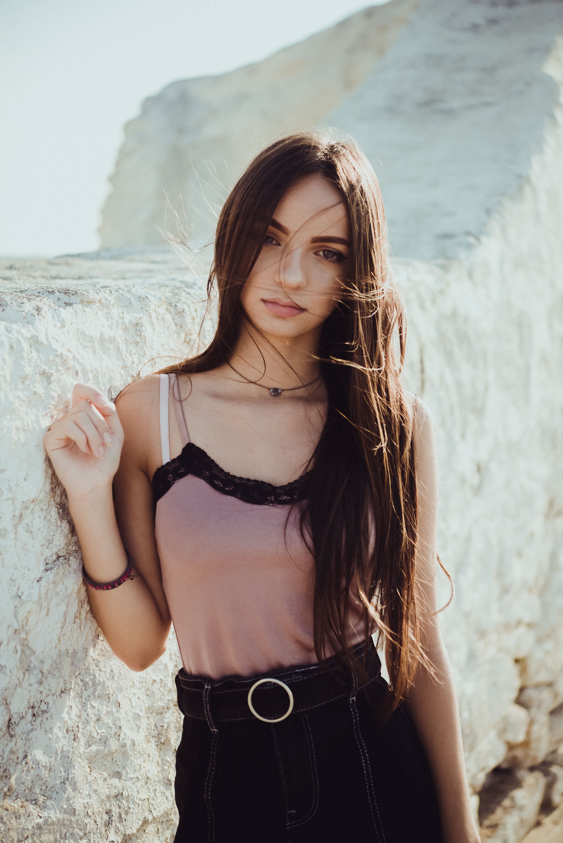 People 1834x2747 women women outdoors long hair brunette portrait bare shoulders tank top necklace portrait display sunlight high waisted frontal view