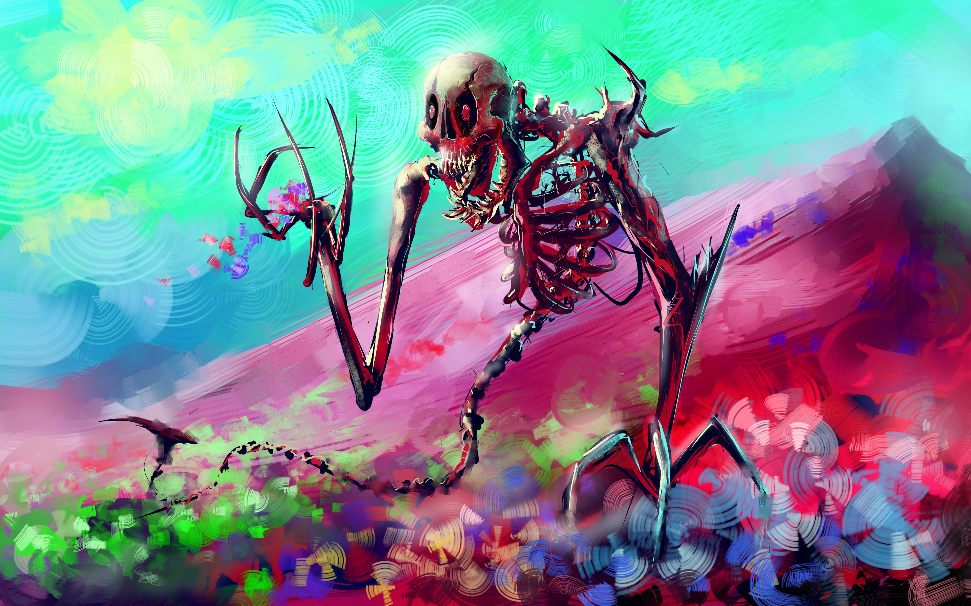 General 3840x2400 skeleton digital art artwork flowers mountains