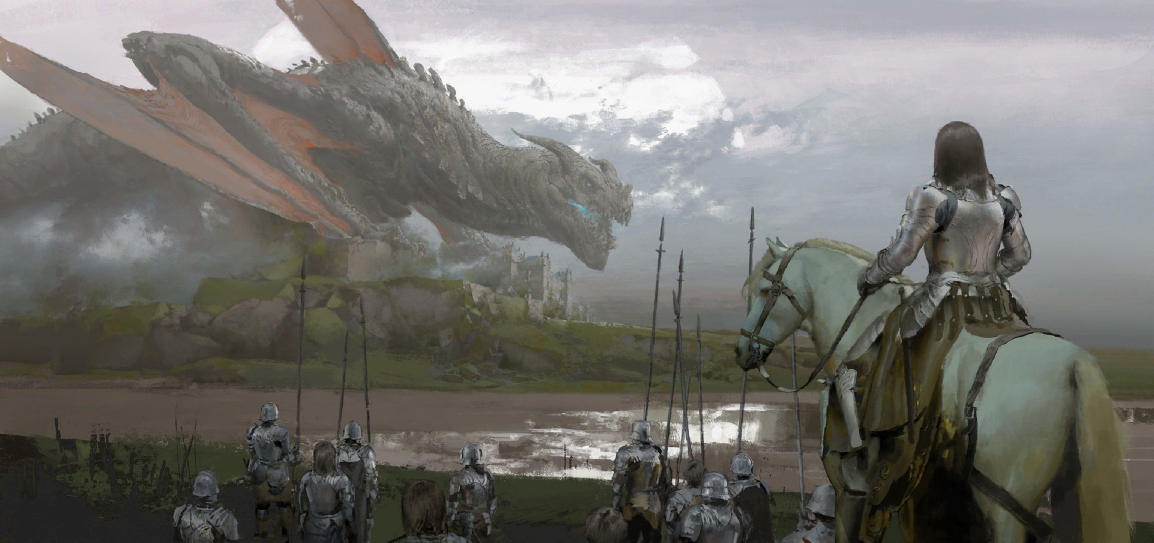 General 2304x1084 artwork army medieval soldier horse dragon illustration warrior digital art painting knight castle