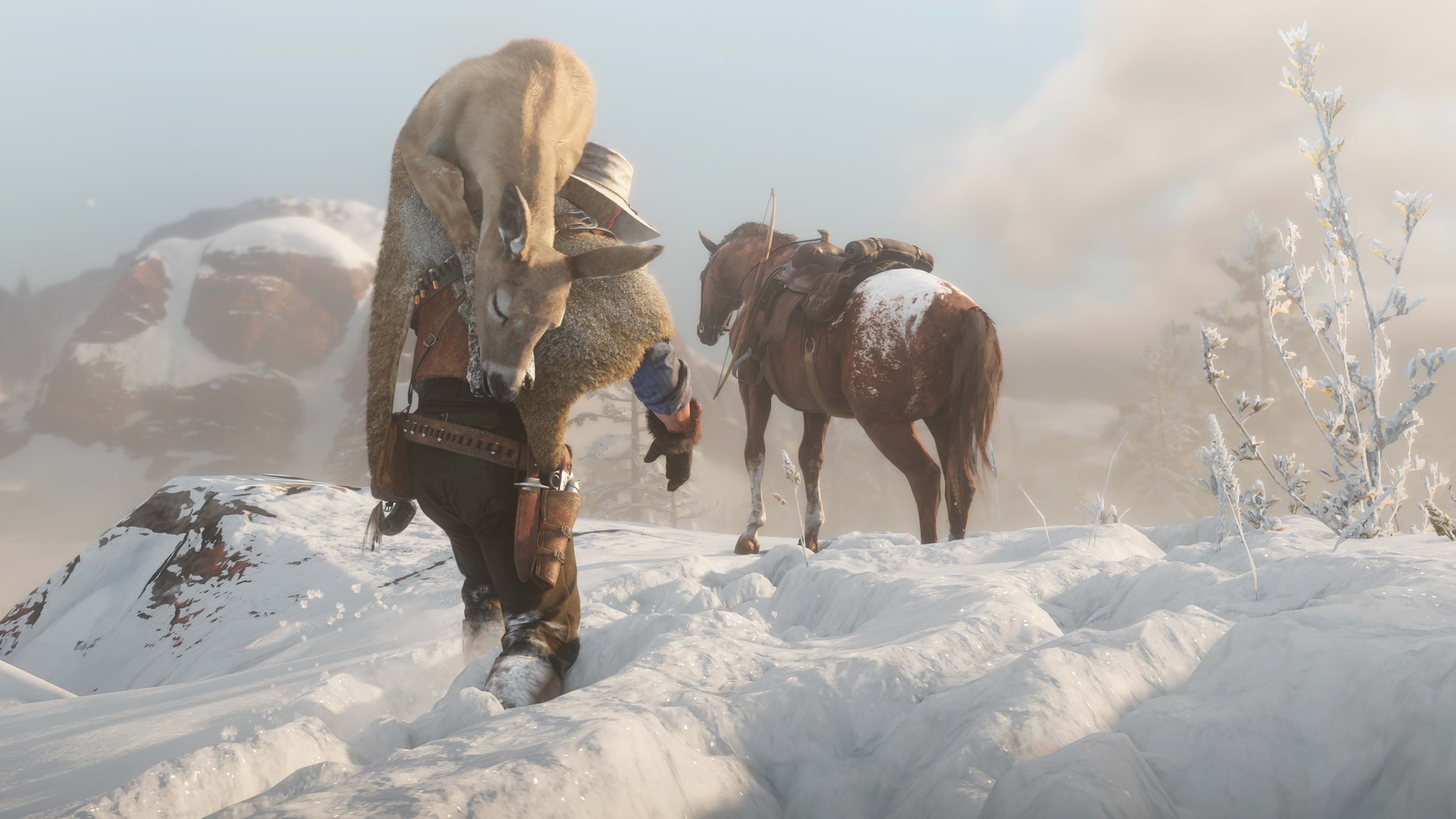 General 3840x2160 Red Dead Redemption Rockstar Games Red Dead Redemption 2 snow horse hunting cowboy video games mountains