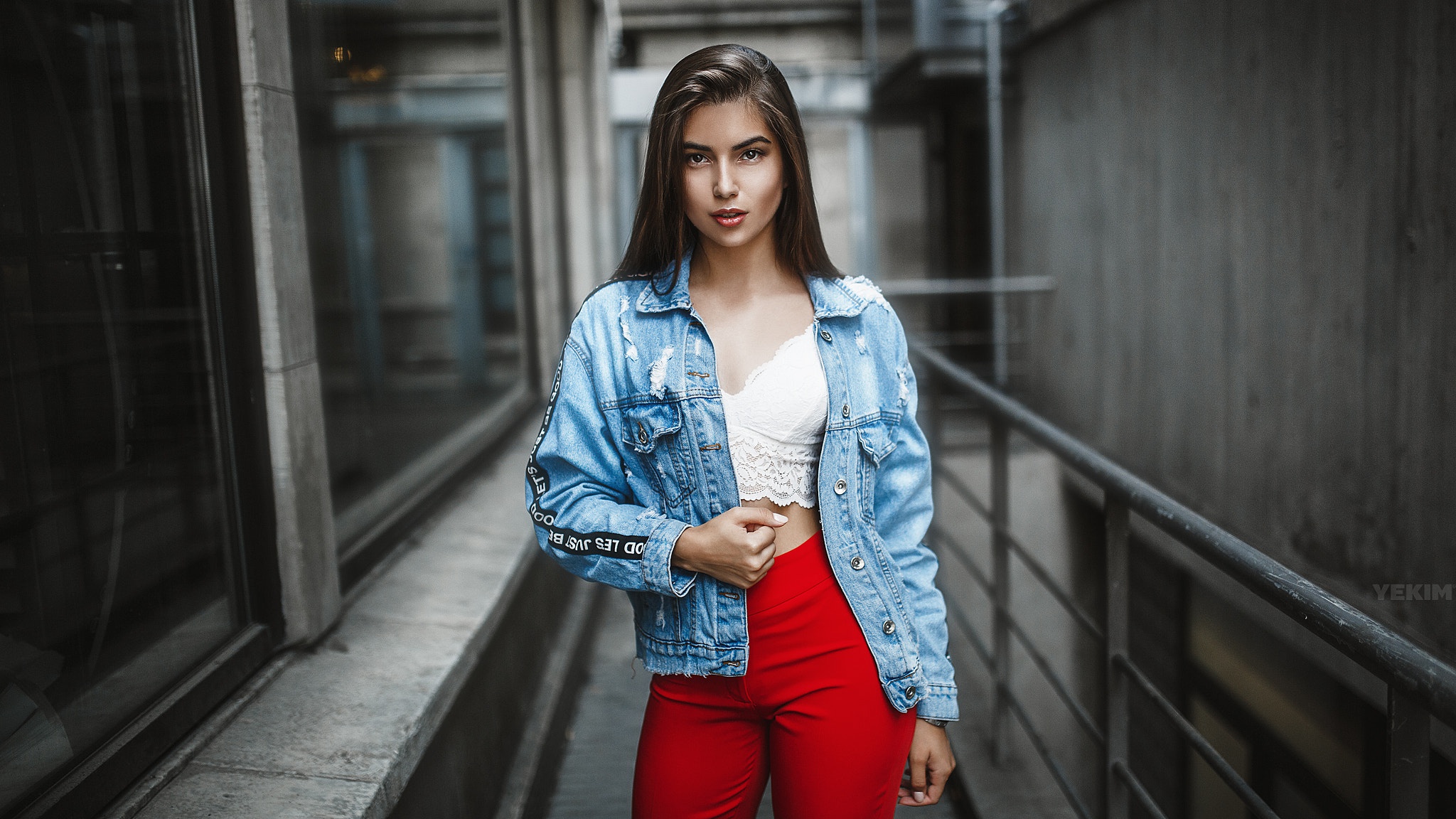 People 2048x1152 women dark hair portrait model denim jacket red pants short tops brunette Mikhail Yekim
