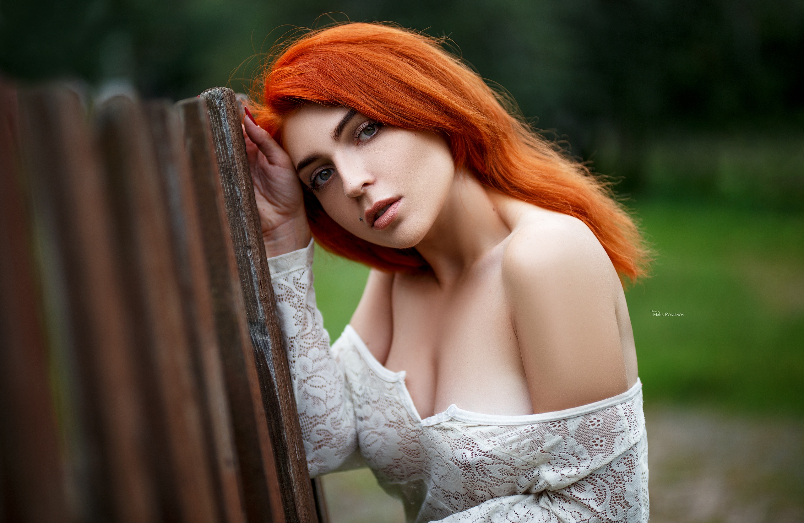People 2560x1666 Maria Inasaridze women model redhead portrait outdoors dress bare shoulders no bra see-through clothing nipples through clothing cleavage looking at viewer red nails piercing depth of field women outdoors Maxim Romanov pierced lip closeup watermarked