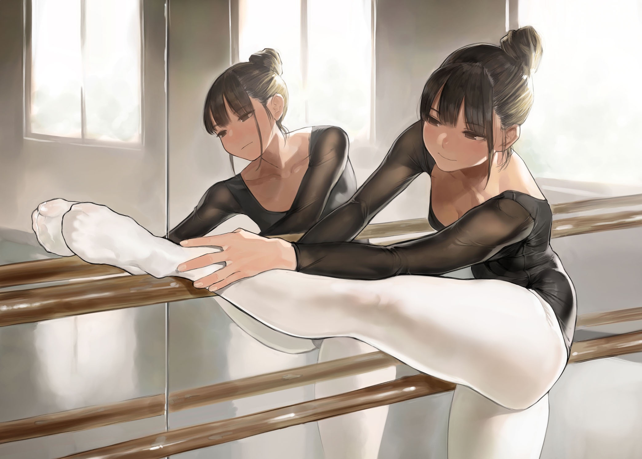 Anime 2086x1491 anime girls anime reflection legs ballerina mirror curvy yomu legs up smiling black hair