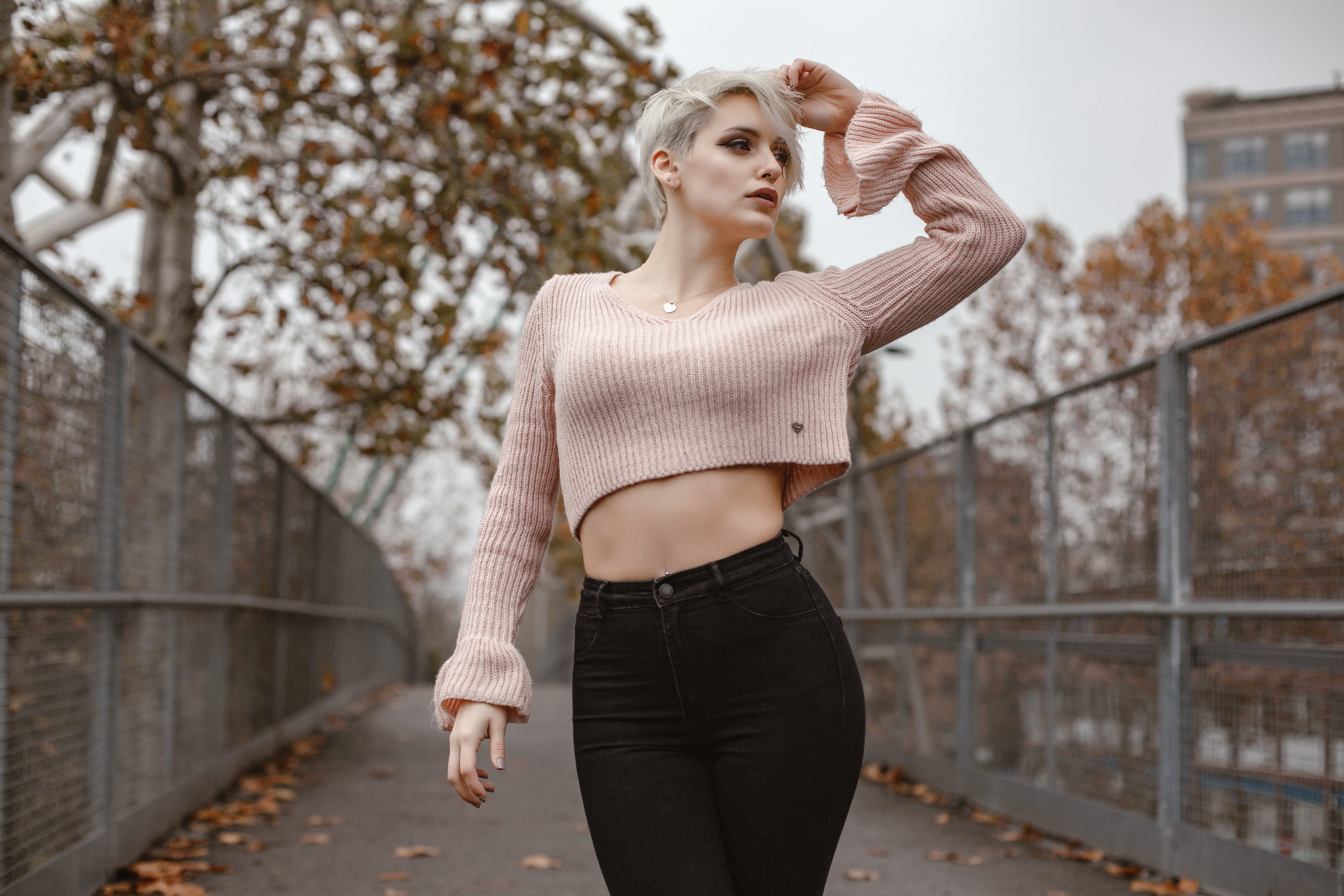 People 2048x1365 women outdoors portrait jeans high waisted necklace short hair white hair looking away bokeh standing depth of field piercing hands in hair blonde pierced navel pierced septum pierced ear skinny jeans women