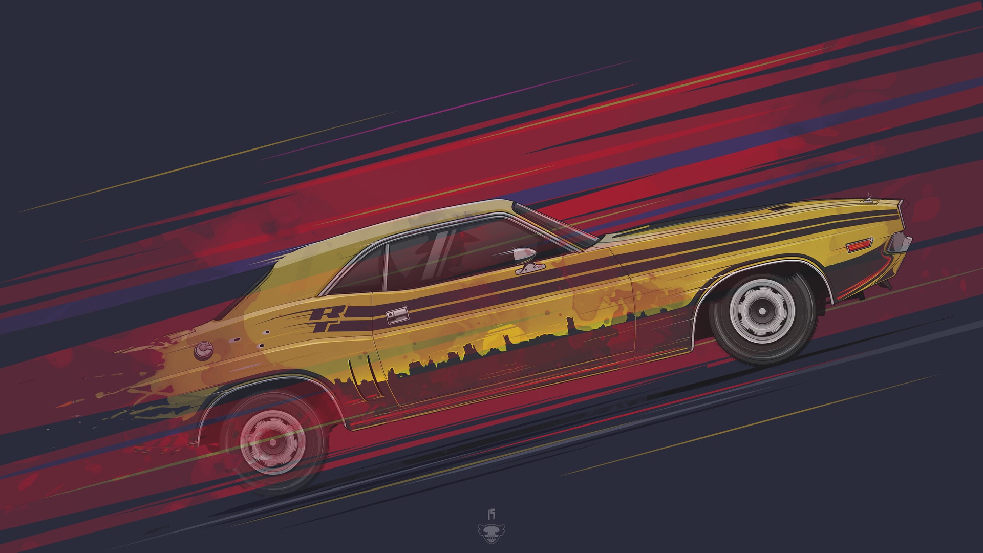 General 1920x1080 artwork car yellow cars vehicle Dodge Challenger Dodge muscle cars American cars