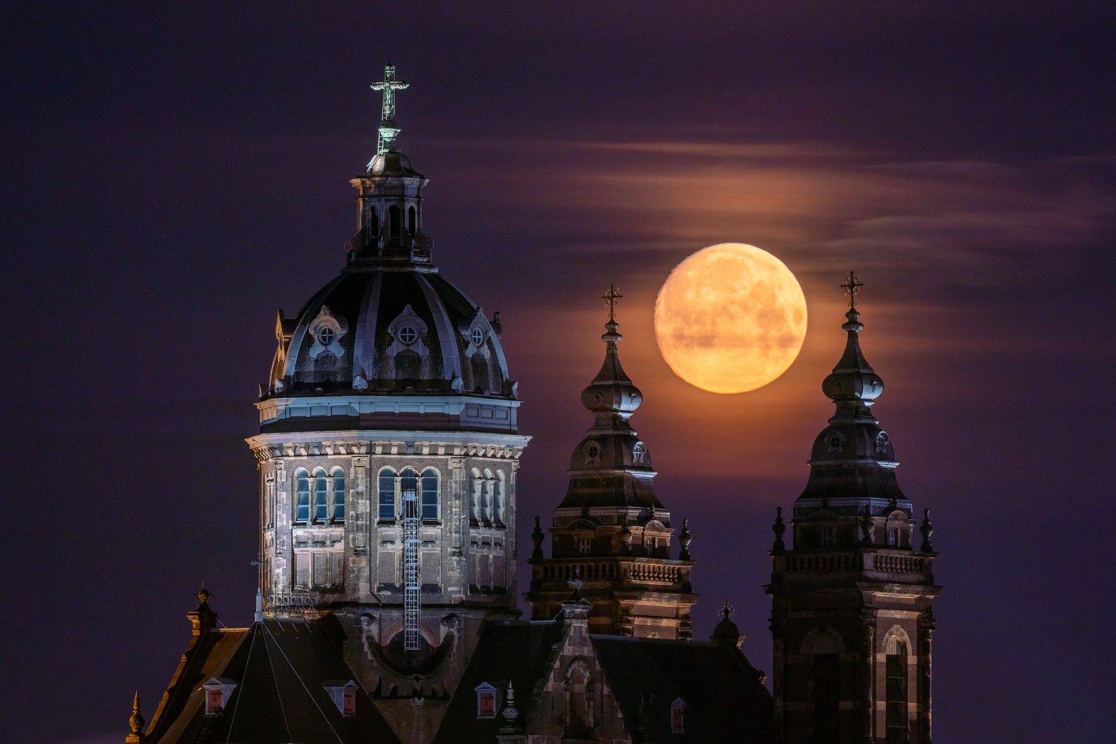 General 1600x1067 architecture tower castle moonlight Moon cathedral cross night ancient Amsterdam Netherlands full moon