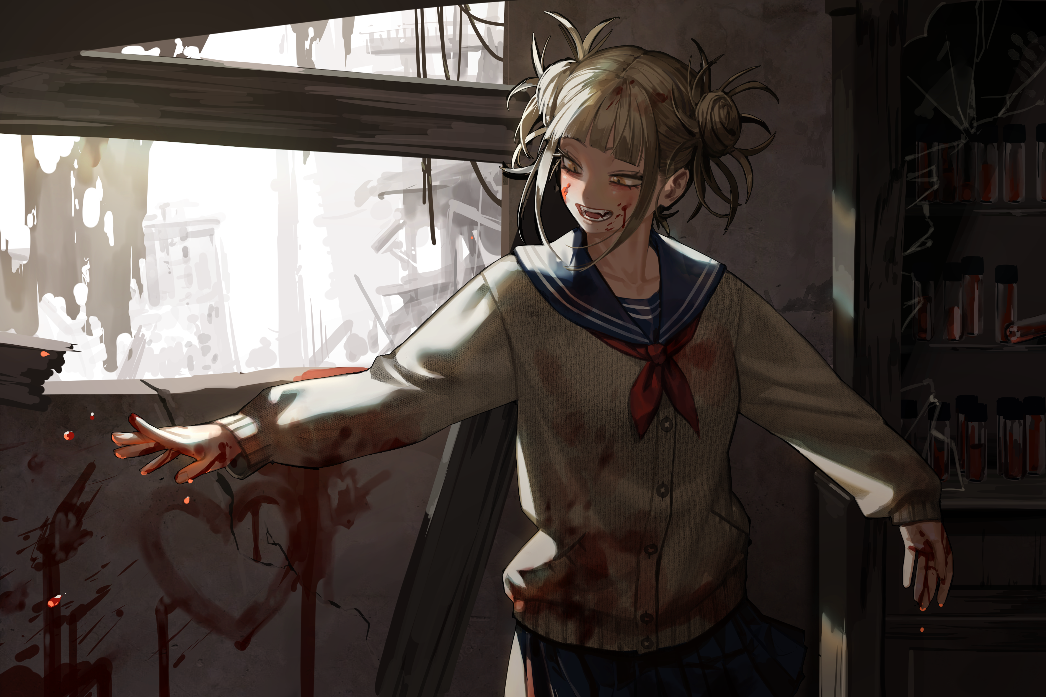 Anime 3543x2362 Boku no Hero Academia Himiko Toga yandere blood heart smiling window splashes abandoned school uniform anime broken glass anime girls