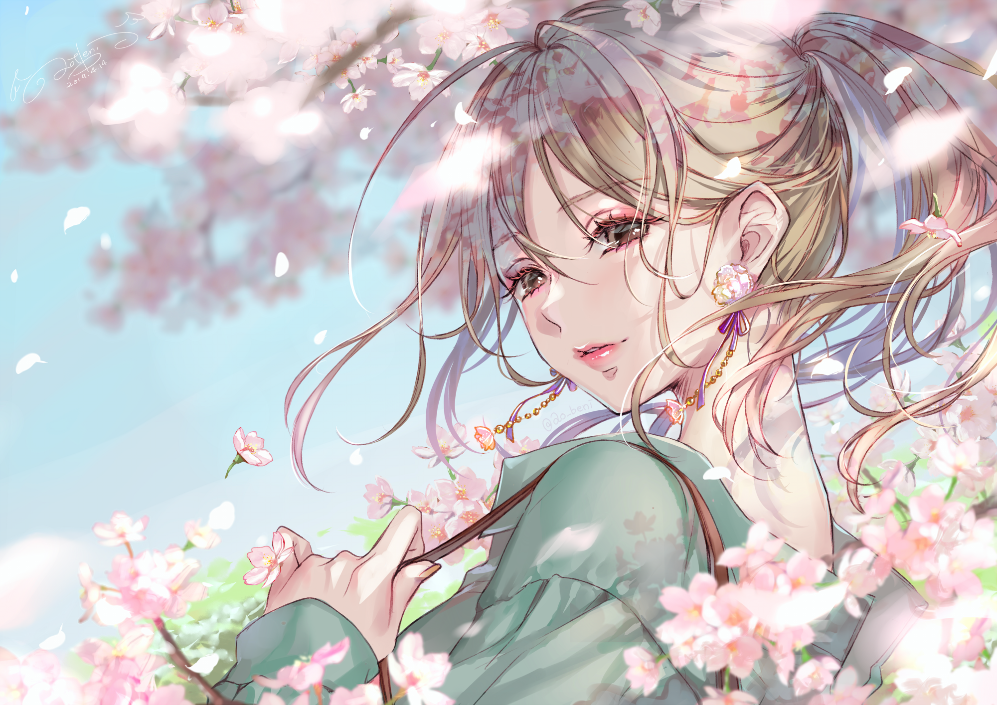 Anime 2000x1414 anime girls original characters blonde ponytail looking at viewer portrait bokeh cherry blossom spring earring pink lipstick outdoors artwork 2D drawing digital art anime 2019 (year) Ao Beni