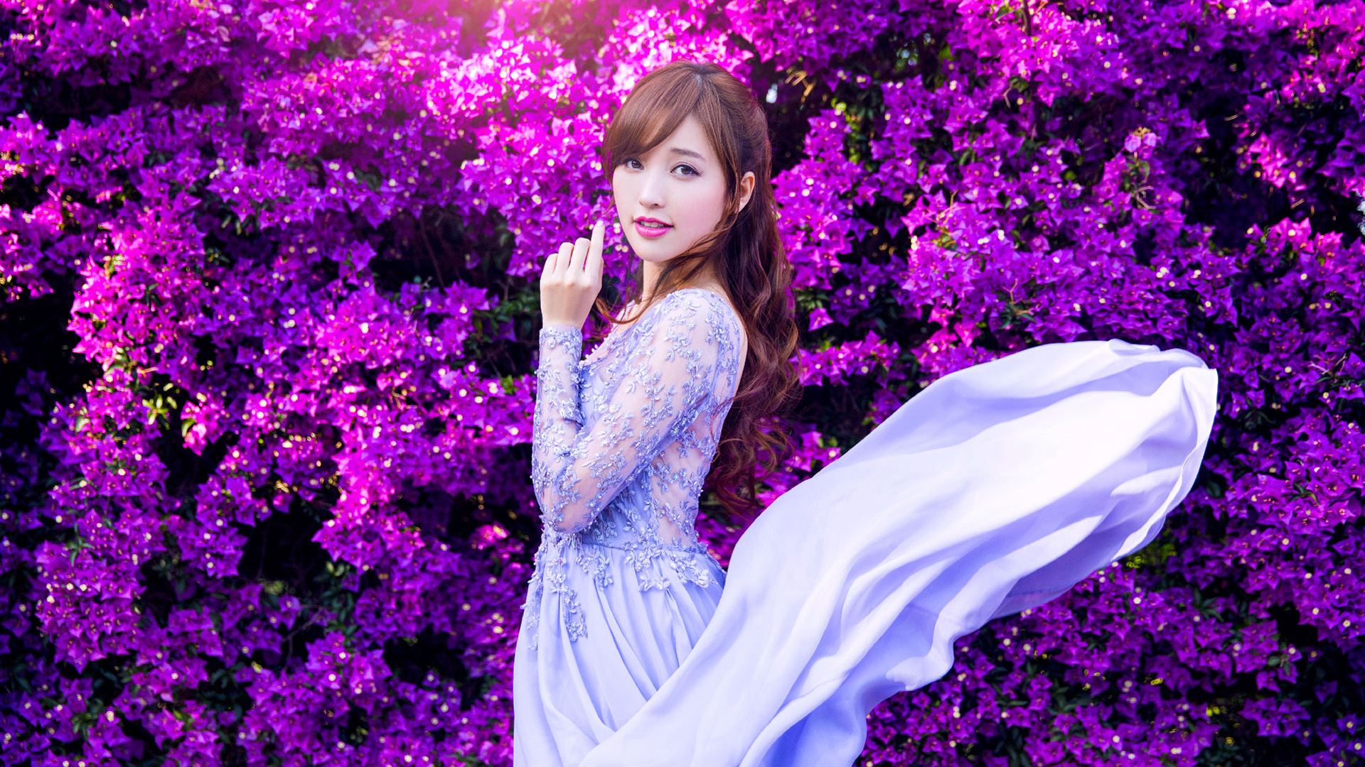People 1920x1080 women model photography Asian colorful looking at viewer standing flowers purple flowers dress