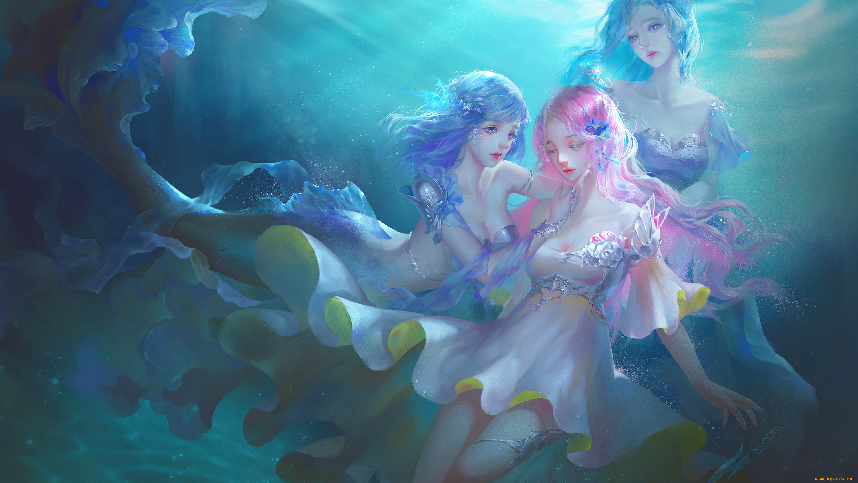 General 3000x1688 underwater fantasy art fantasy girl mermaids cyan blue