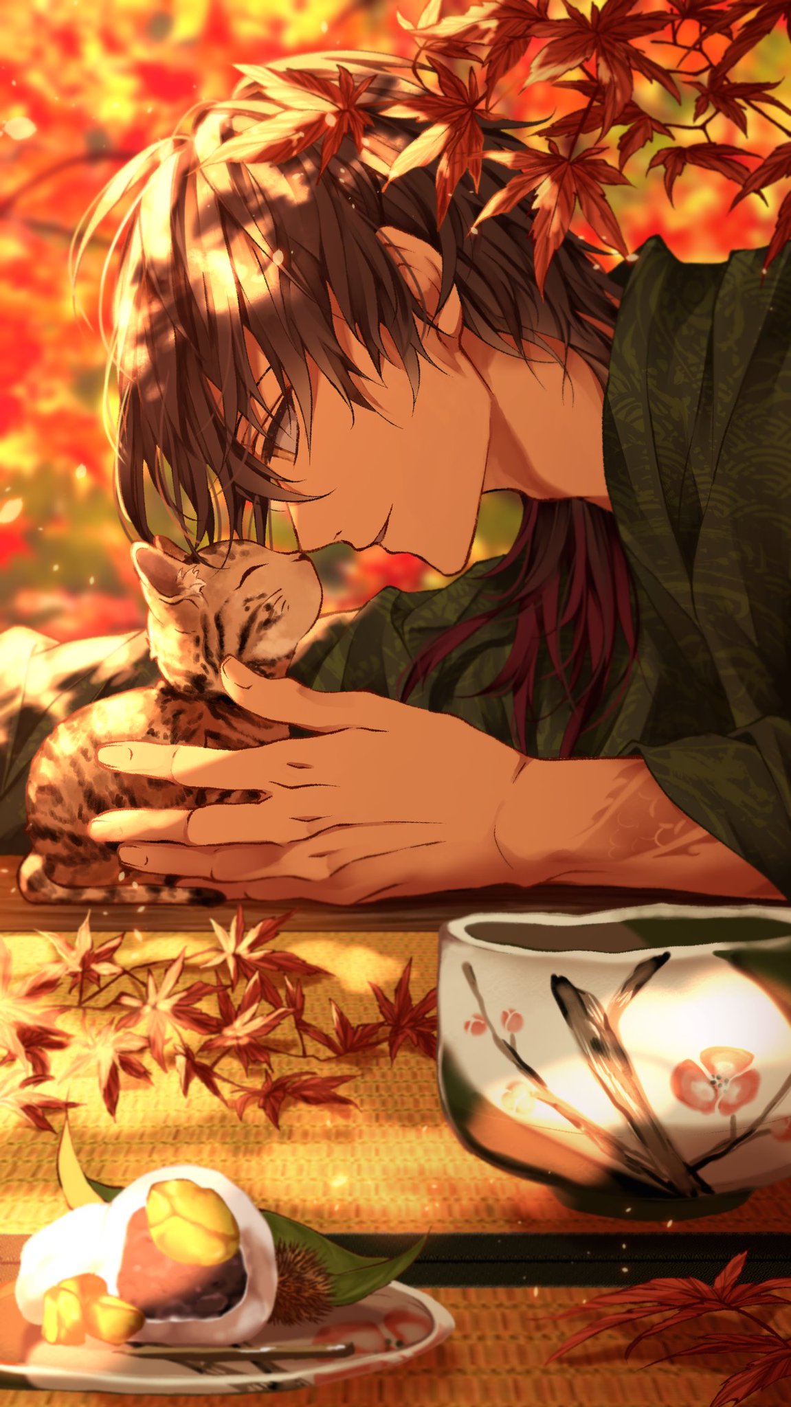 Anime 1151x2048 fall kittens leaves men
