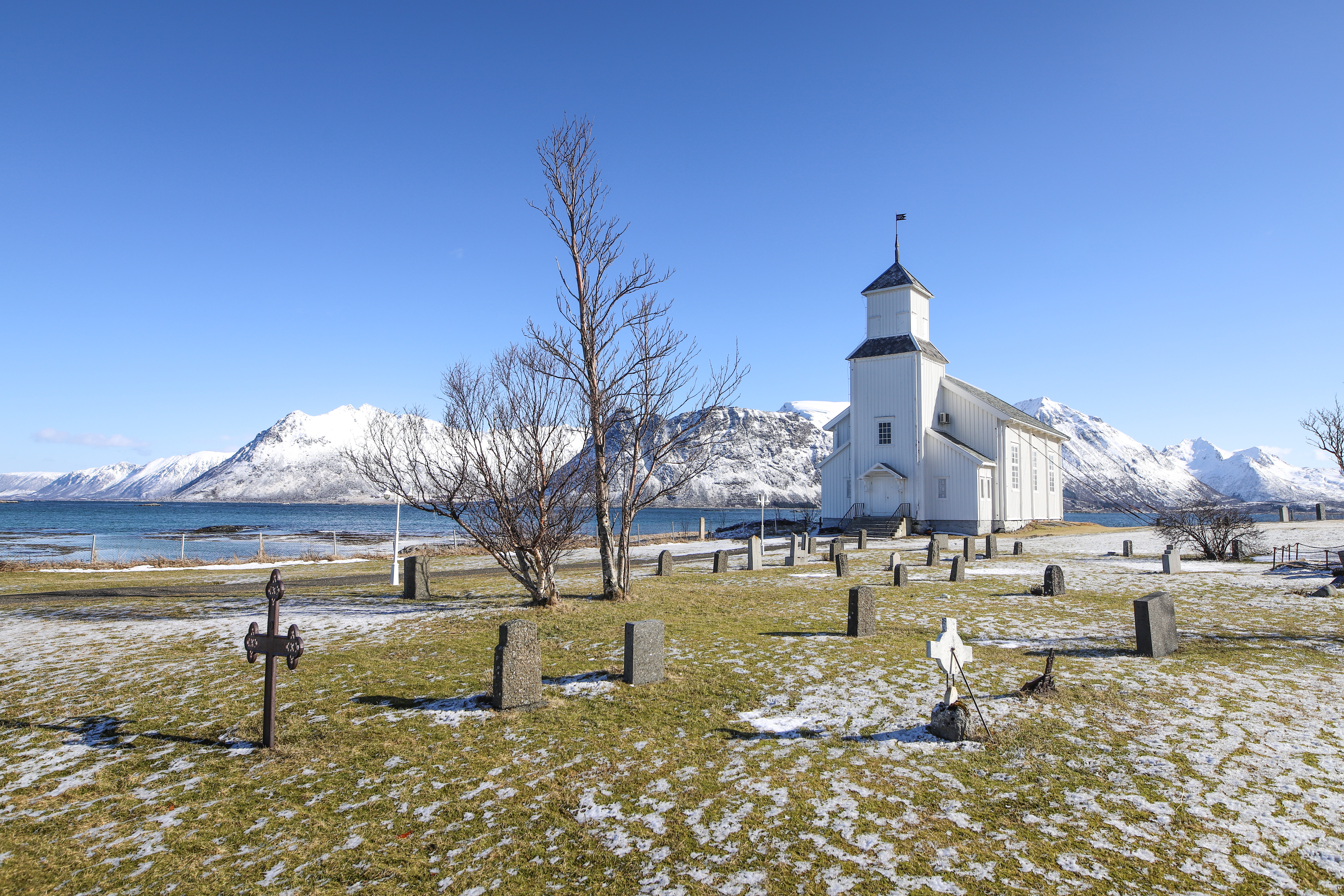General 6240x4160 Norway Lofoten nature landscape Europe mountains hills cold outdoors snow church chapel graveyards