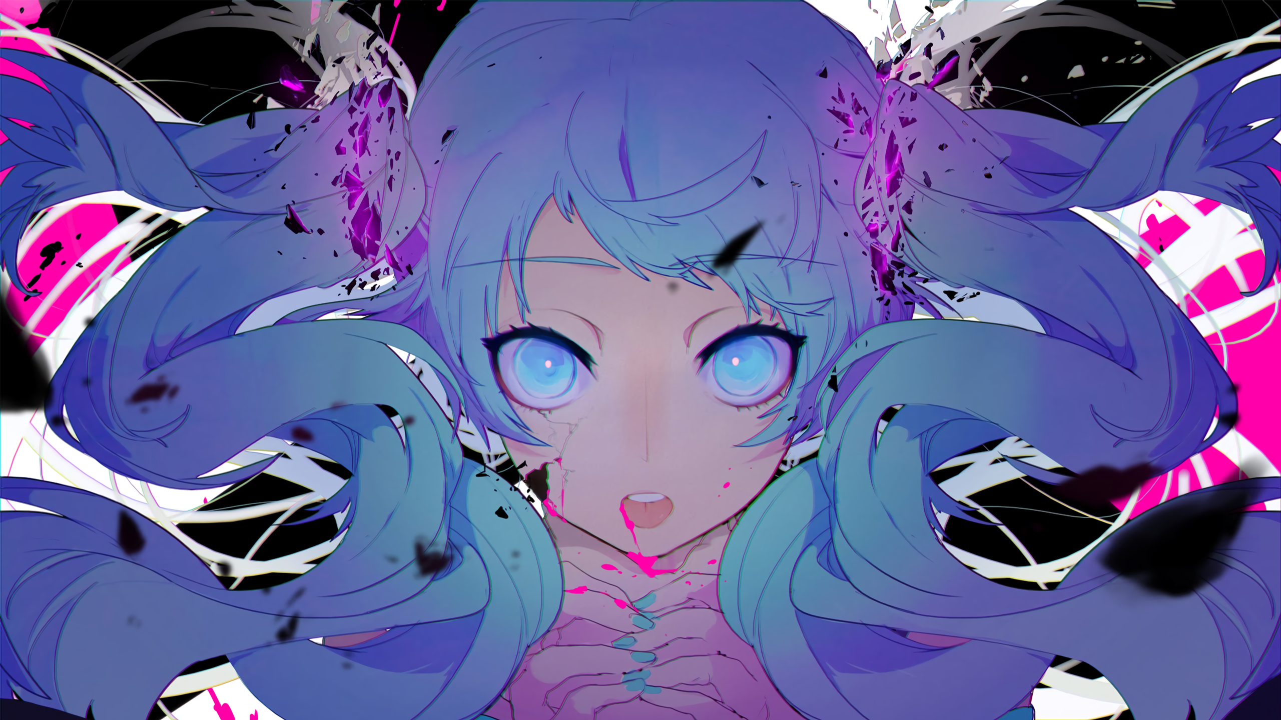 Anime 2560x1440 Vocaloid Hatsune Miku blood blue eyes blue hair cracked glowing eyes glowing nail polish solo twintails open mouth long hair