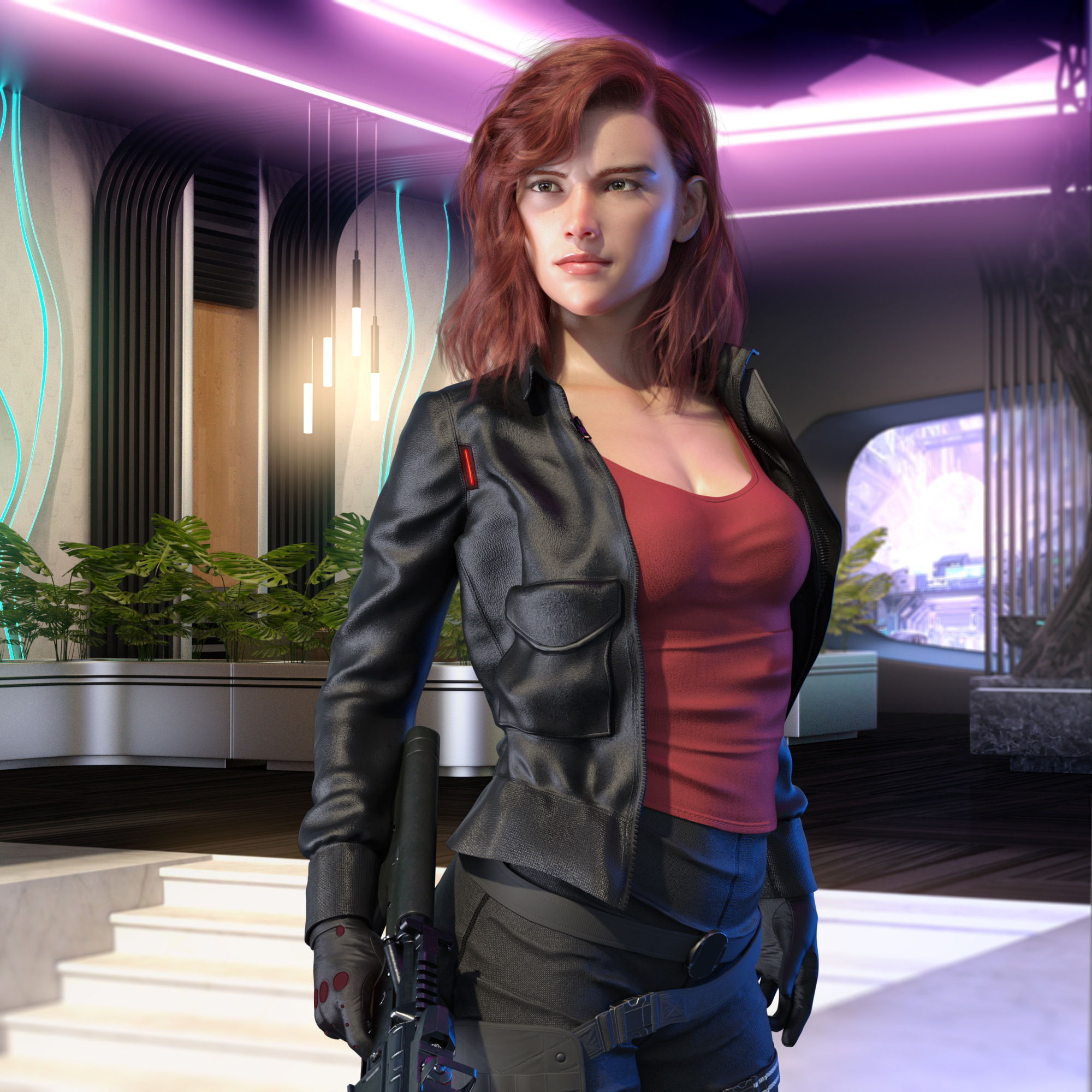General 2000x2000 Elite: Dangerous PC gaming video game girls redhead Kev-Art gun jacket tank top