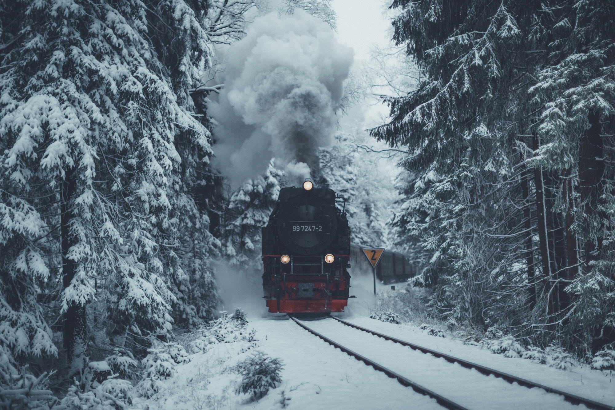 General 2000x1333 nature winter railway trees train snow spruce forest vehicle numbers frontal view