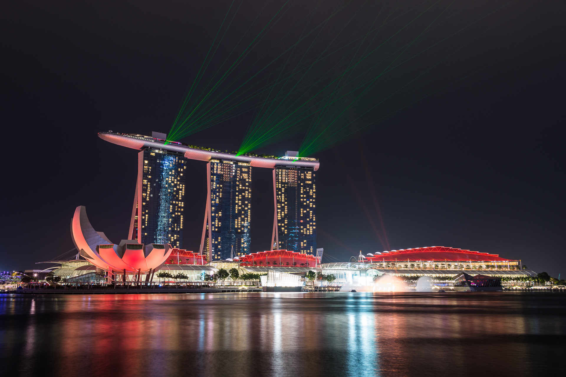 General 1920x1281 Singapore Marina Bay night lights laser water Asia