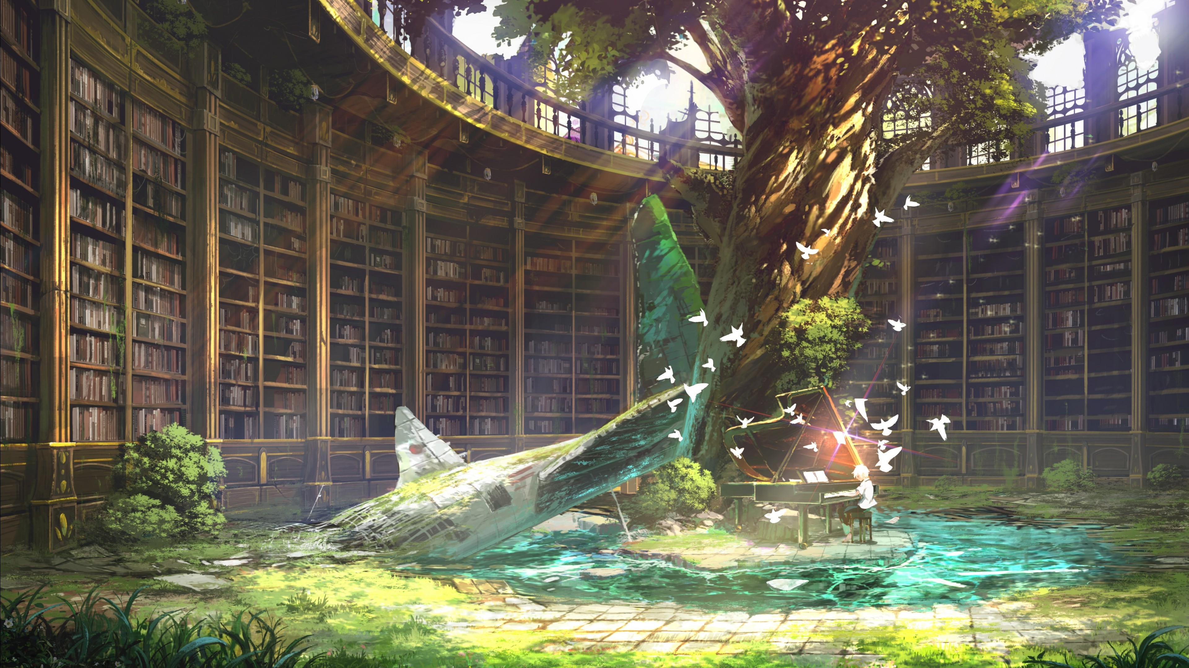 Anime 3840x2160 anime landscape library nature piano anime boys dove ruins overgrown water grass lens flare sun rays