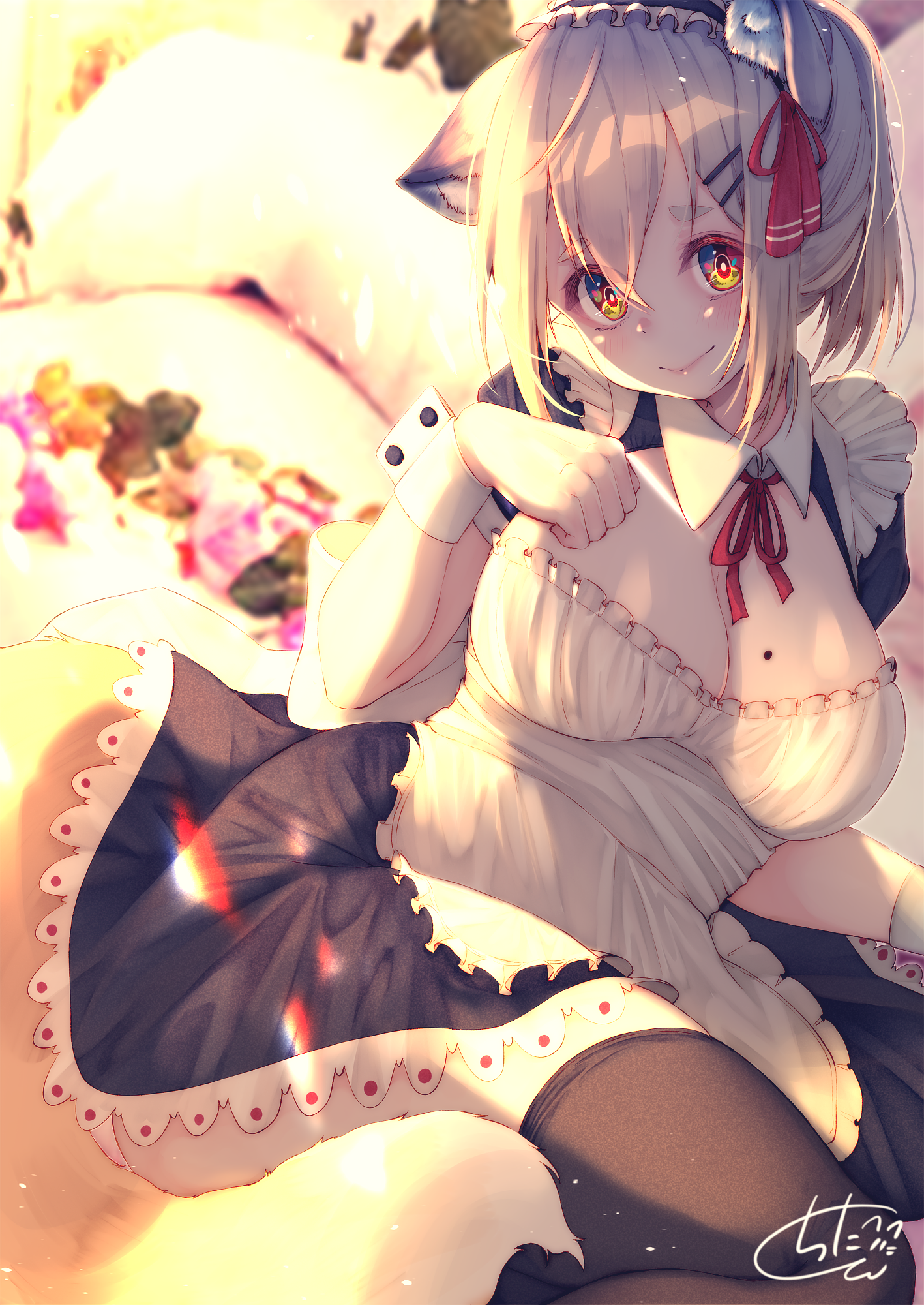Anime 1417x2000 anime girls anime original characters fantasy girl fox girl animal ears fox ears tail maid dress looking at viewer cleavage blushing smiling thigh-highs lens flare portrait display artwork drawing digital art illustration 2D chita (ketchup) maid outfit