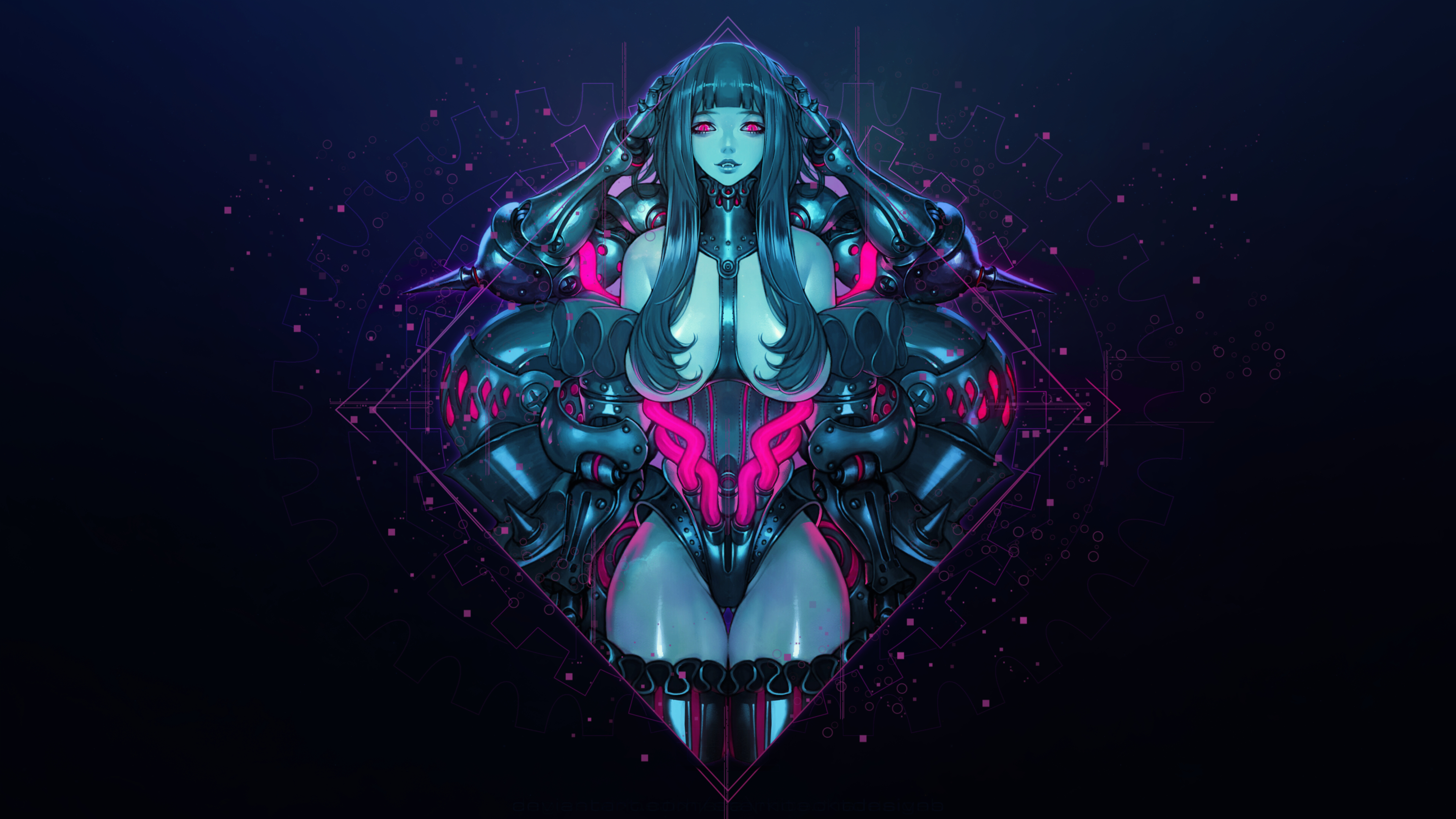 General 3840x2160 Ren Wei Pan cyberpunk machine blue pink tubes symmetry red eyes big boobs fantasy art fantasy girl cyan gear
