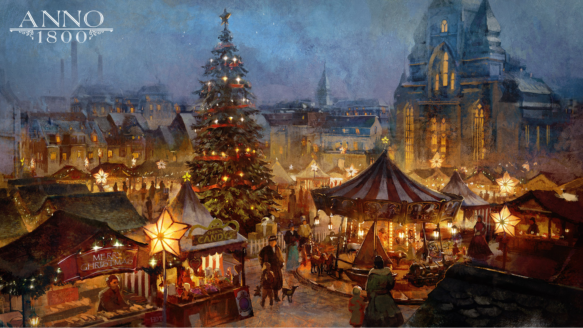 General 1920x1080 Anno 1800 1800s digital art concept art artwork Ubisoft Christmas Christmas market Christmas tree carousels Christmas lights markets