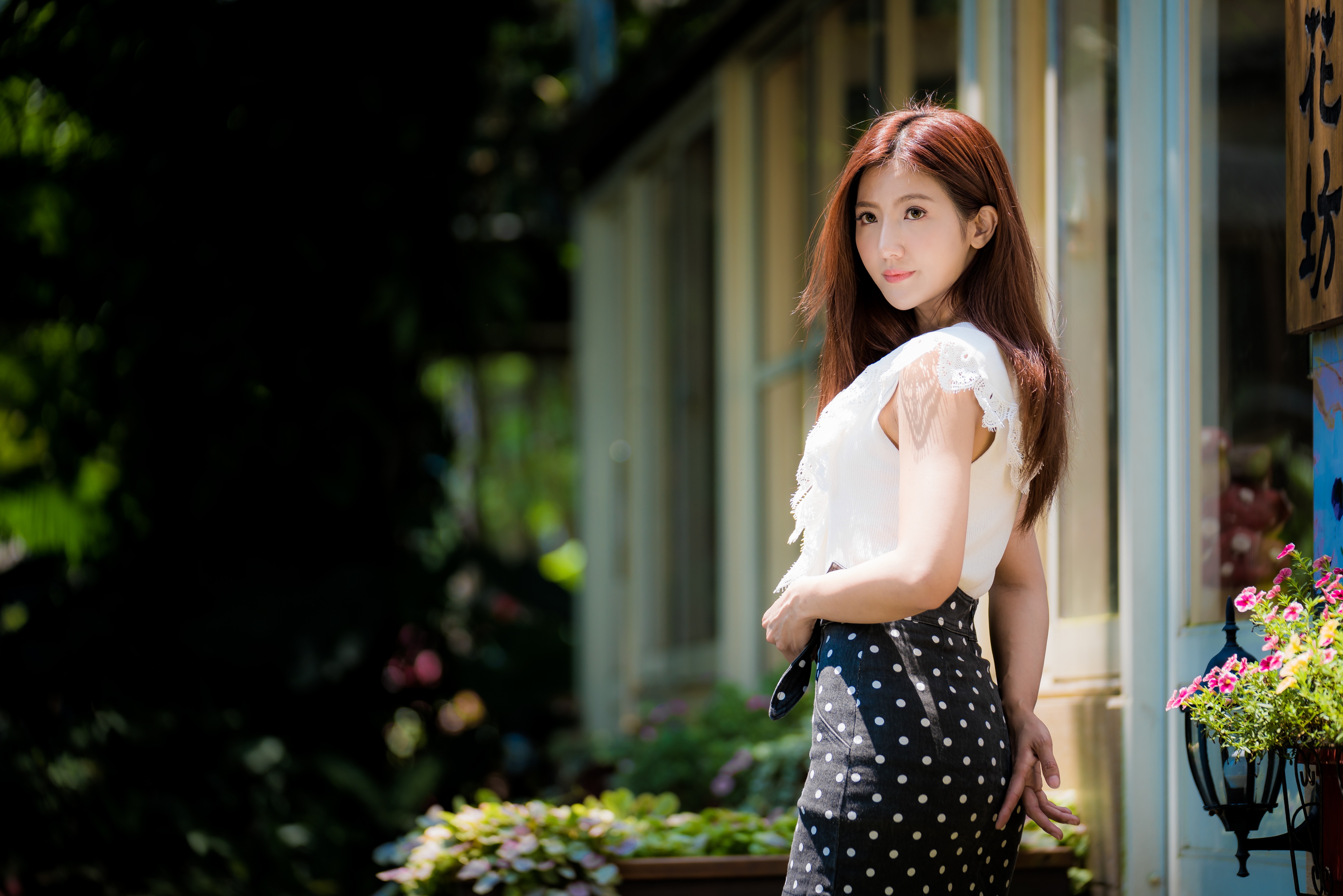 People 4562x3043 Asian model women long hair brunette depth of field white shirt skirt plants trees window
