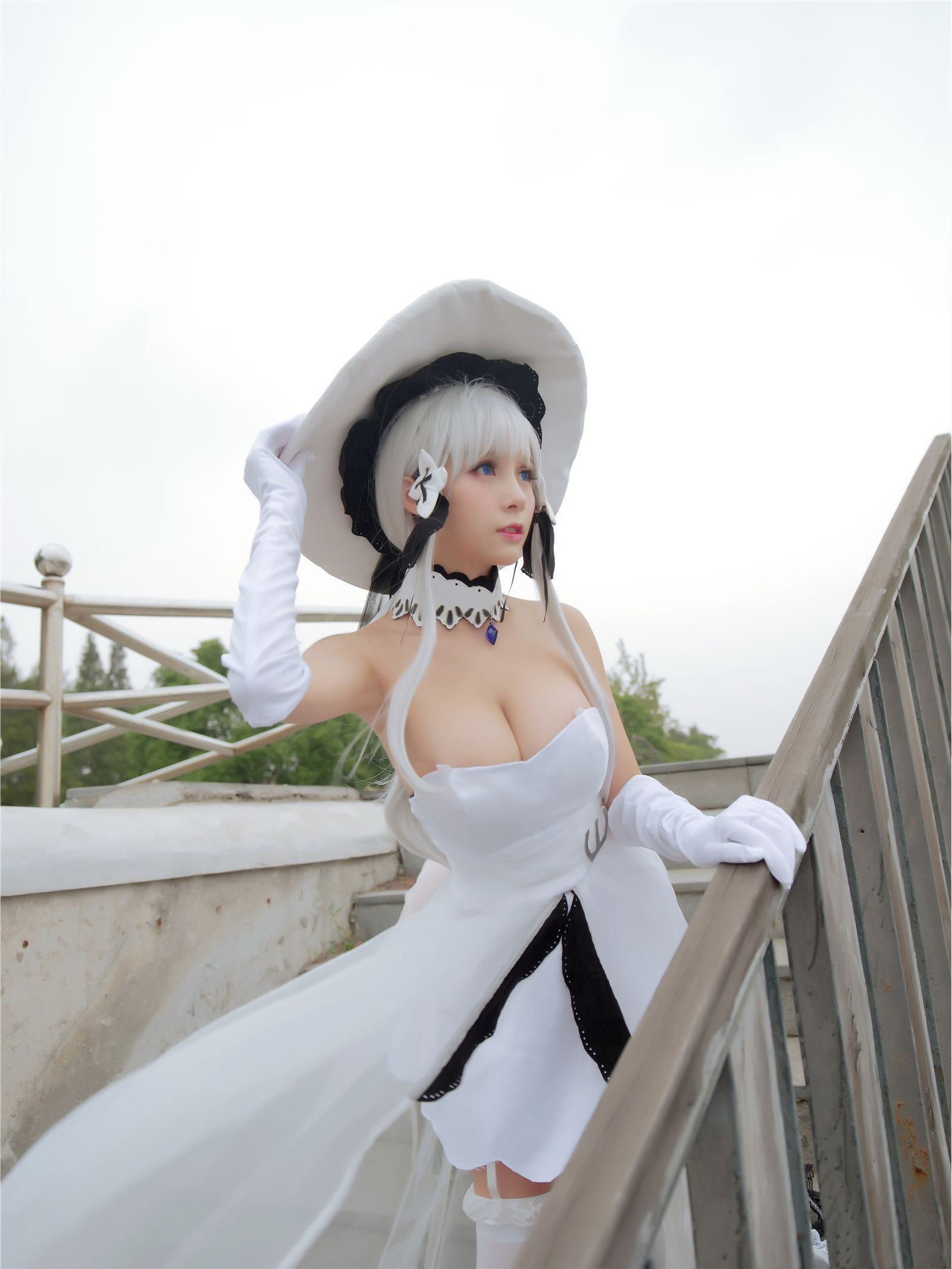 People 1600x2133 Asian cosplay women big boobs cleavage white hair white dress Xia Mei Jiang