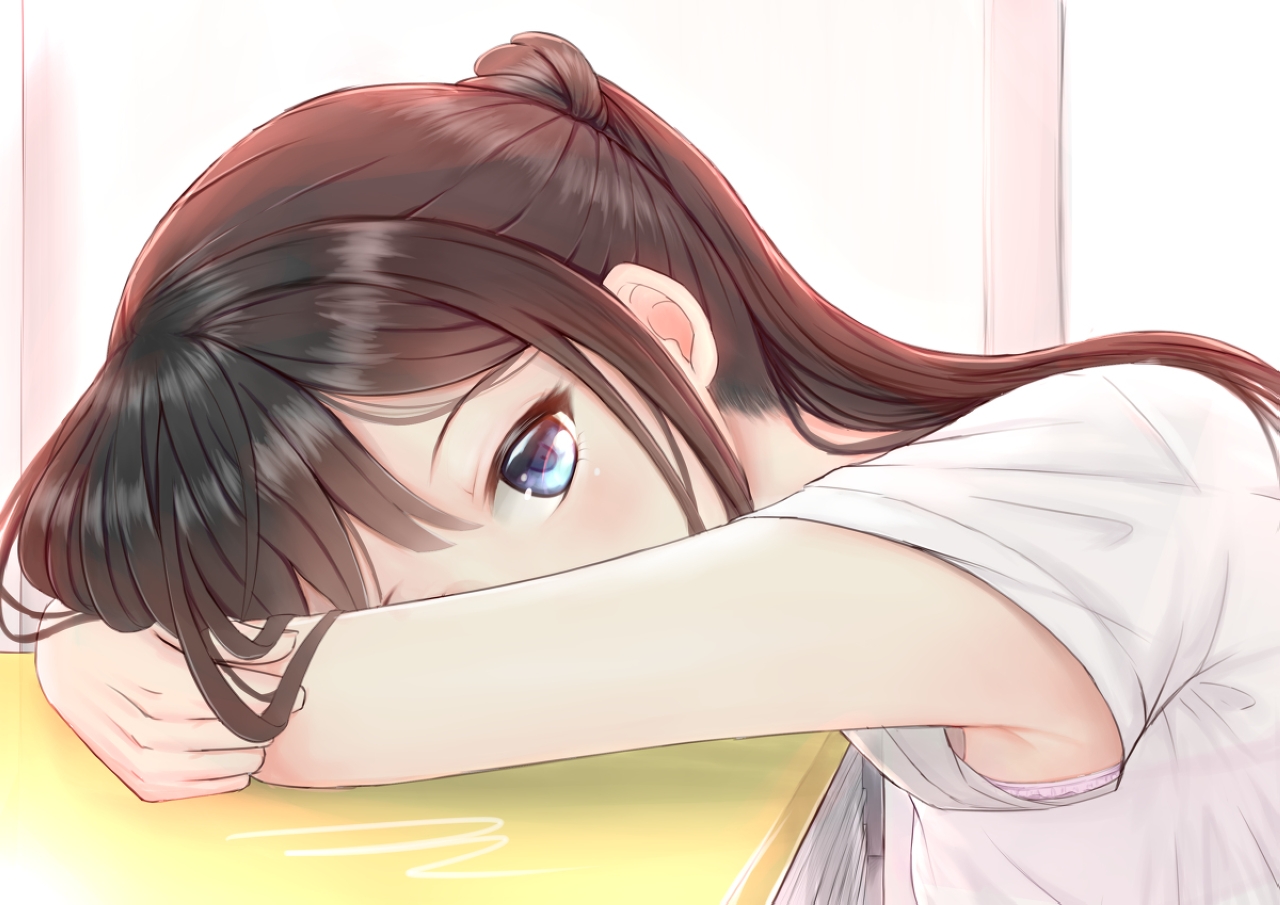 Anime 1280x905 anime girls lying down desk blue eyes ponytail brunette armpits