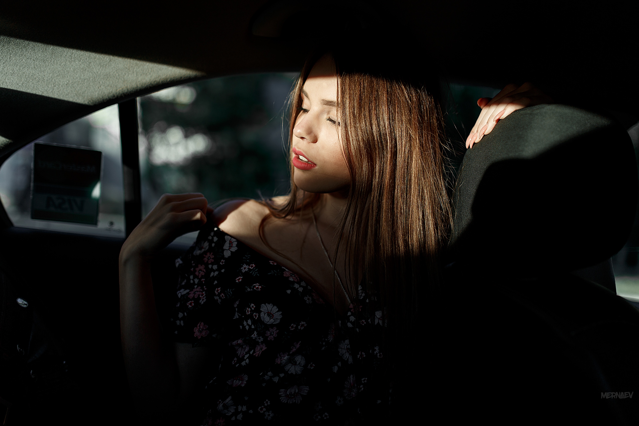 People 2560x1707 Artyom Mernaev women model brunette sun rays closed eyes necklace dress portrait car interior depth of field painted nails dark face sitting in the car
