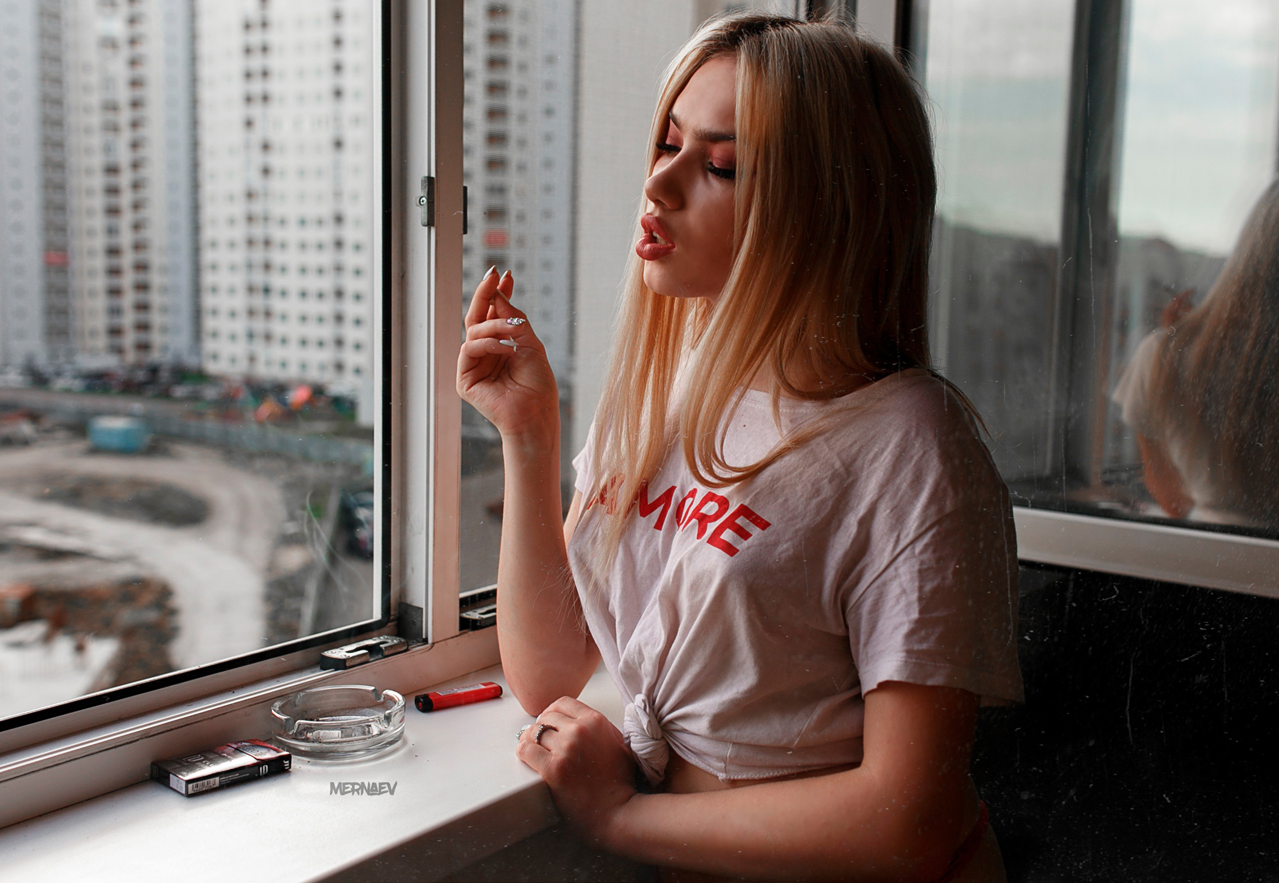 People 2560x1768 women blonde portrait window T-shirt cigarettes Artyom Mernaev model
