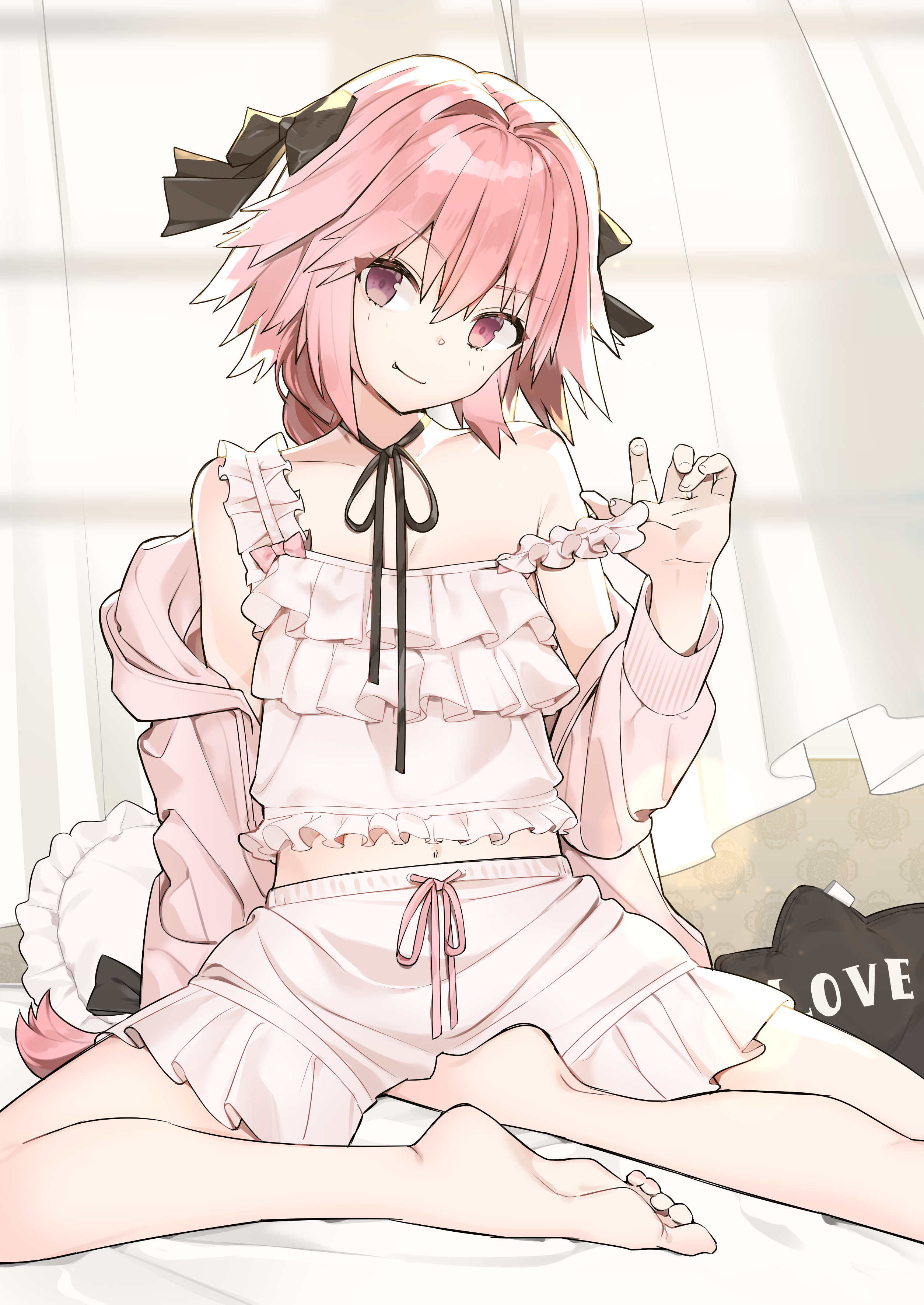 Anime 2508x3541 Fate series Fate/Grand Order Fate/Apocrypha  long hair messy hair thighs femboy anime boys pyjamas white sheets hair in face barefoot bare shoulders black ribbons pink hair portrait display 2D Astolfo (Fate/Apocrypha) belly button anime curvy fan art alternate costume in bed bangs