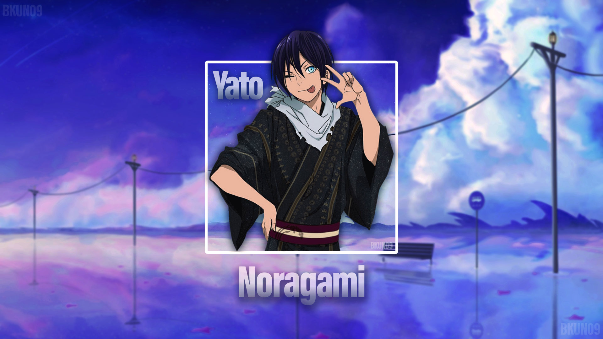 Anime 1920x1080 anime boys anime Noragami picture-in-picture tongue out Yato (Noragami) clouds bench